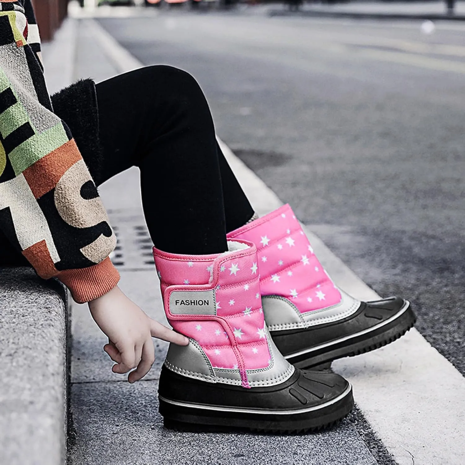 2024 Winter Fashion Snow Boots for Kids Star Print Waterroof Cozy Warm Outdoor Faux  Lined Insulated Shoes