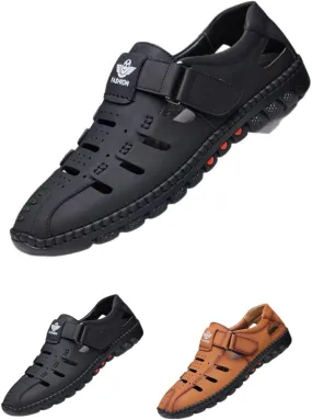 2025 Men's Stylish Causal Leather Hollow Sandals, Outdoor Closed Toe Beach Shoes, Comfort Anti-Slip Sport Sandals