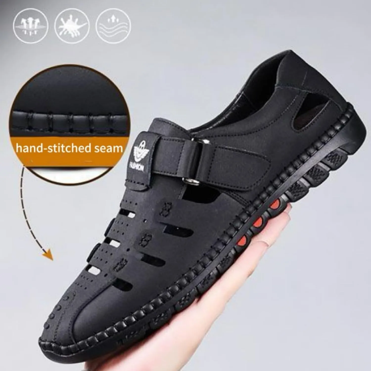 2025 Men's Stylish Causal Leather Hollow Sandals, Outdoor Closed Toe Beach Shoes, Comfort Anti-Slip Sport Sandals