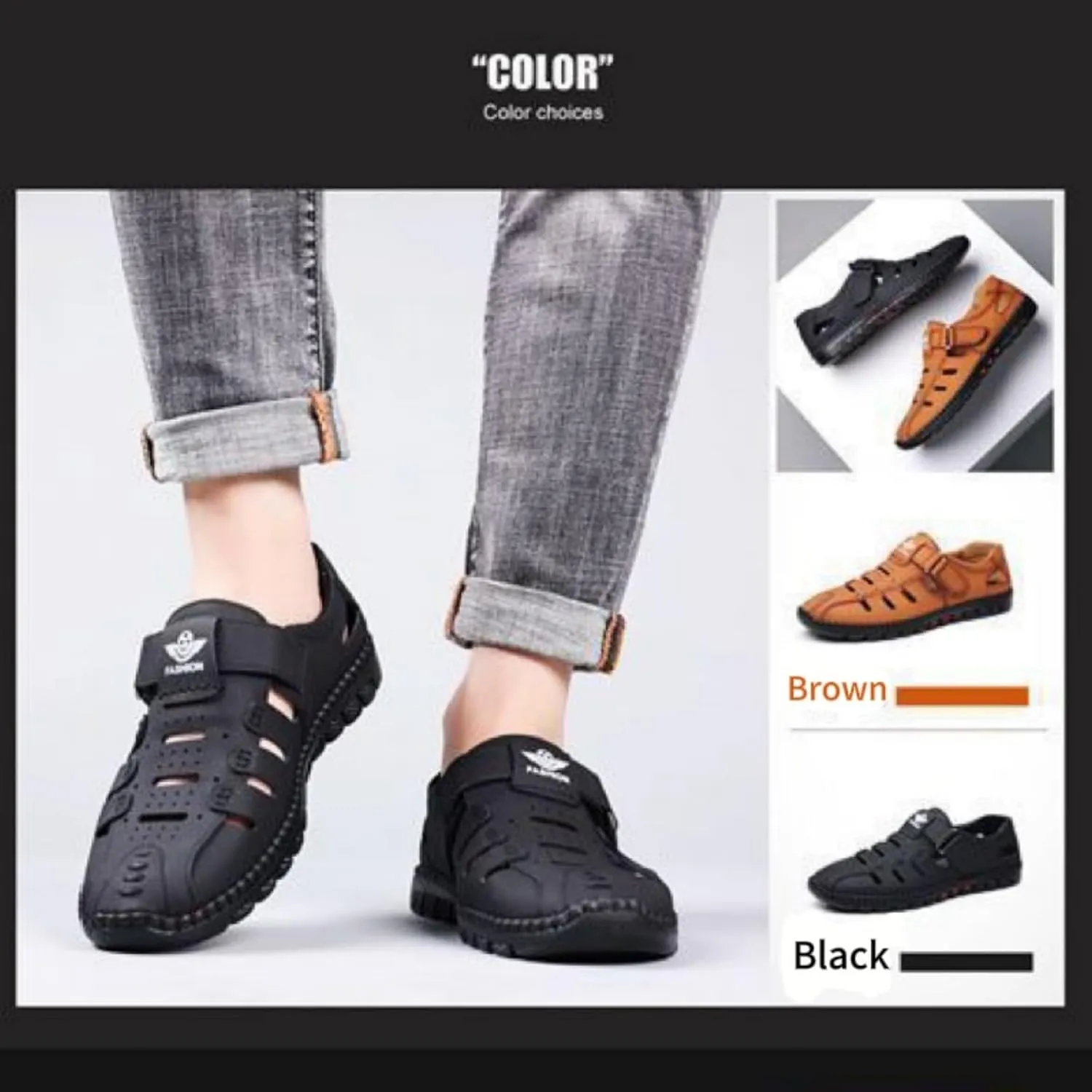 2025 Men's Stylish Causal Leather Hollow Sandals, Outdoor Closed Toe Beach Shoes, Comfort Anti-Slip Sport Sandals