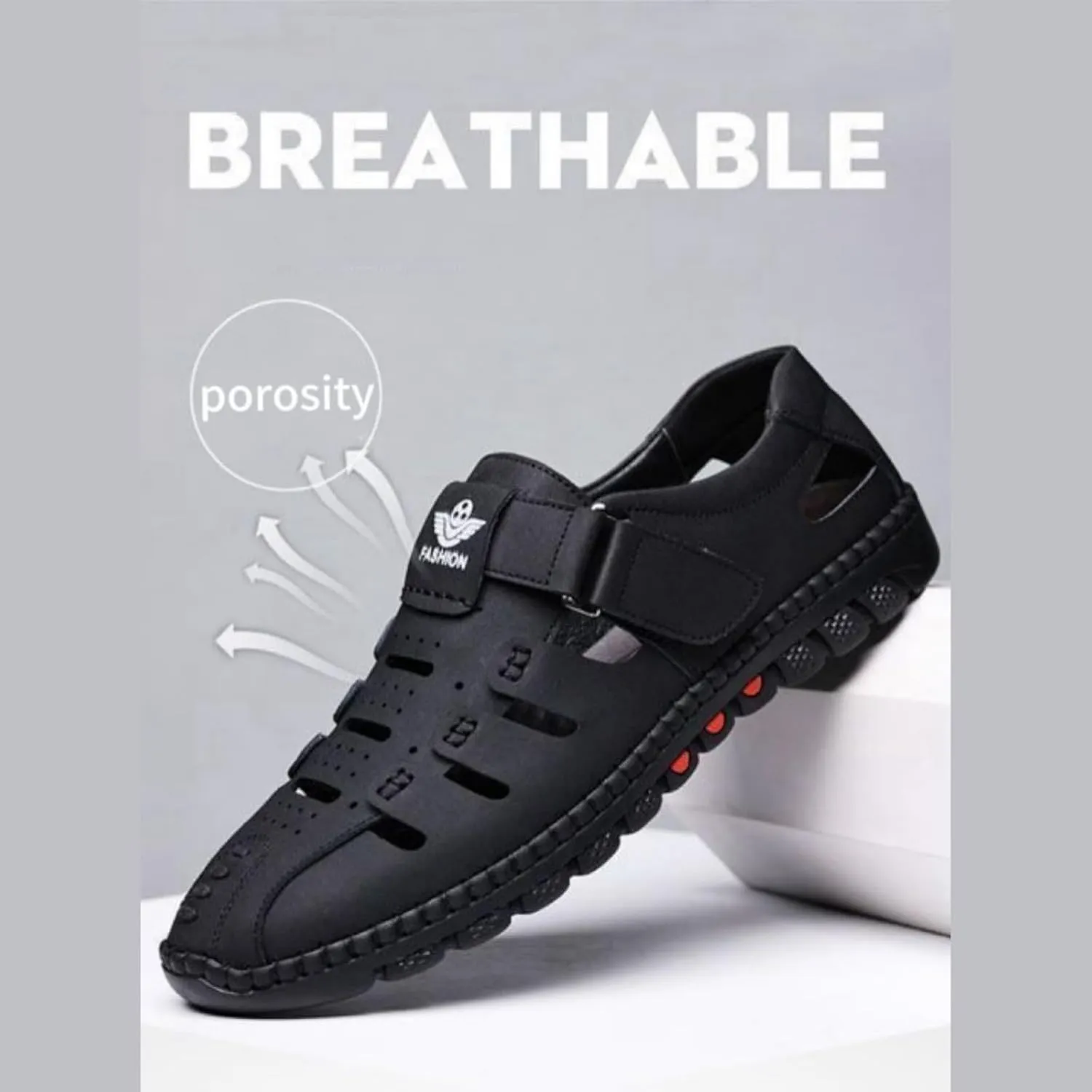 2025 Men's Stylish Causal Leather Hollow Sandals, Outdoor Closed Toe Beach Shoes, Comfort Anti-Slip Sport Sandals