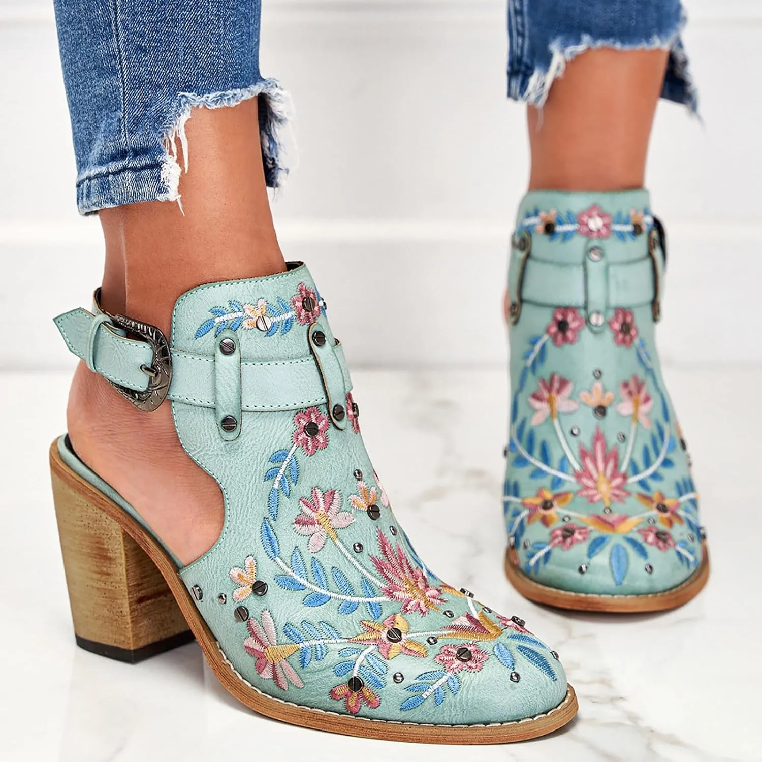 2025 New Europe And The United States Foreign Trade Embroidery Retro High Heeled Indoor Sandals for Women Comfortable