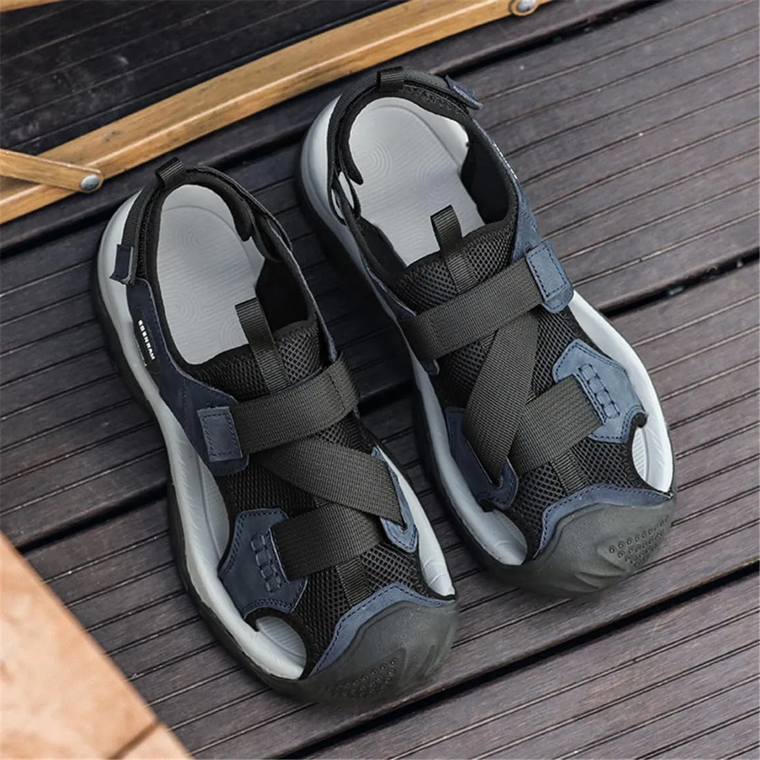 ailishabroy Mens Sandals Leather Hiking Slides Sport Slippers Fisherman Beach Shoes Closed Toe
