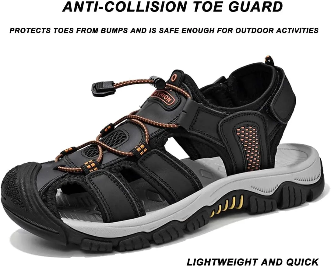 ailishabroy Mens Sandals Leather Hiking Slides Sport Slippers Fisherman Beach Shoes Closed Toe