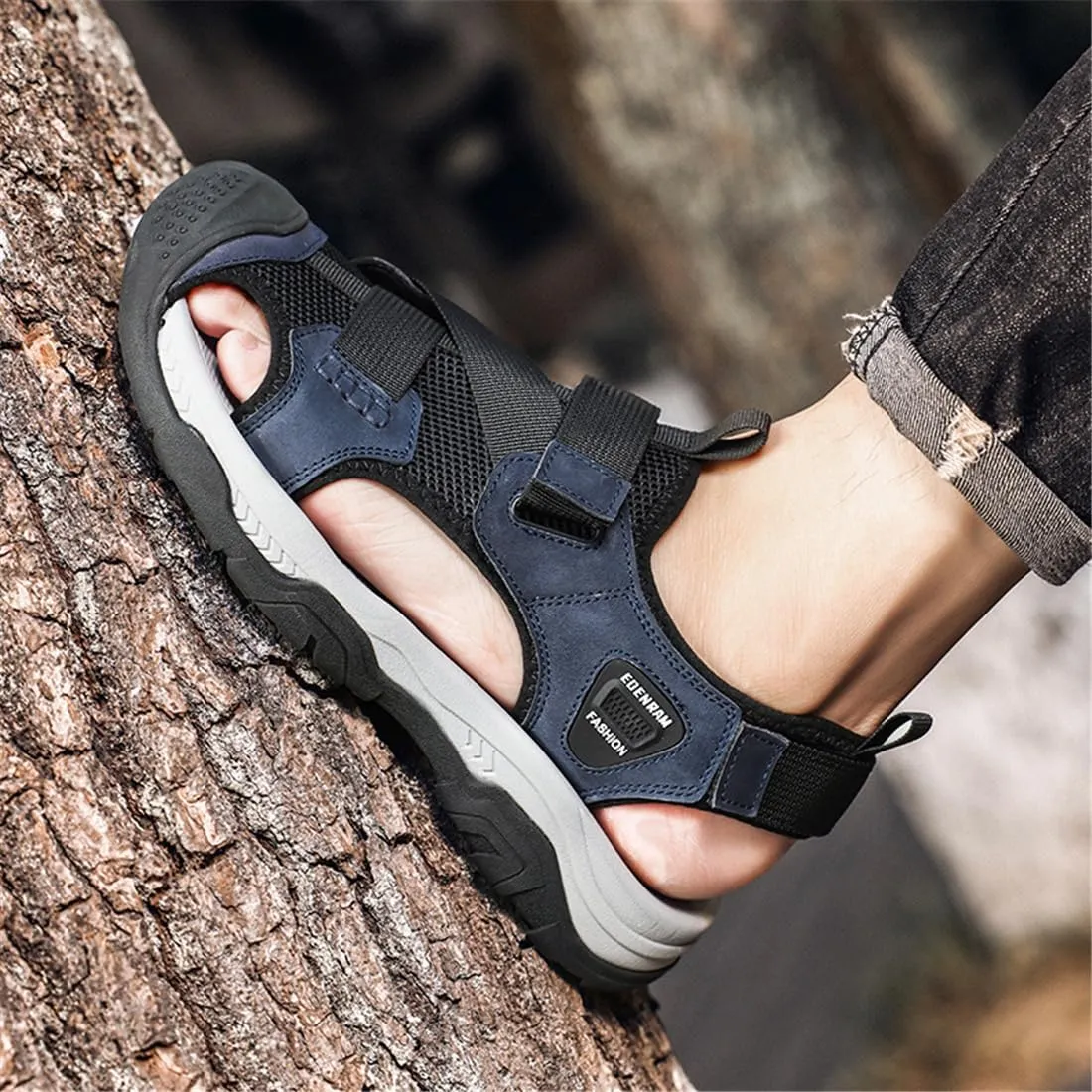 ailishabroy Mens Sandals Leather Hiking Slides Sport Slippers Fisherman Beach Shoes Closed Toe