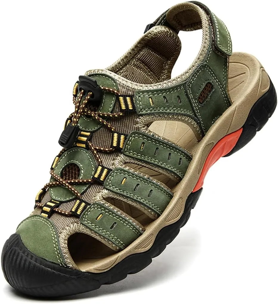 ailishabroy Mens Sandals Leather Hiking Slides Sport Slippers Fisherman Beach Shoes Closed Toe