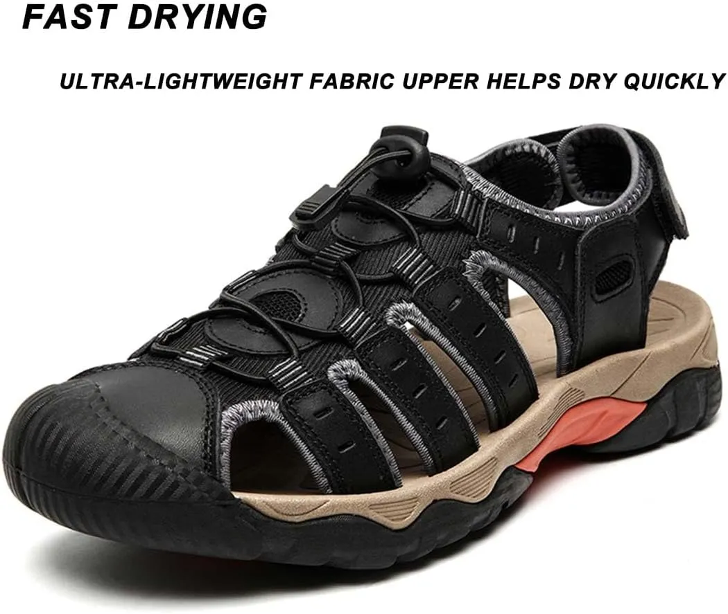 ailishabroy Mens Sandals Leather Hiking Slides Sport Slippers Fisherman Beach Shoes Closed Toe