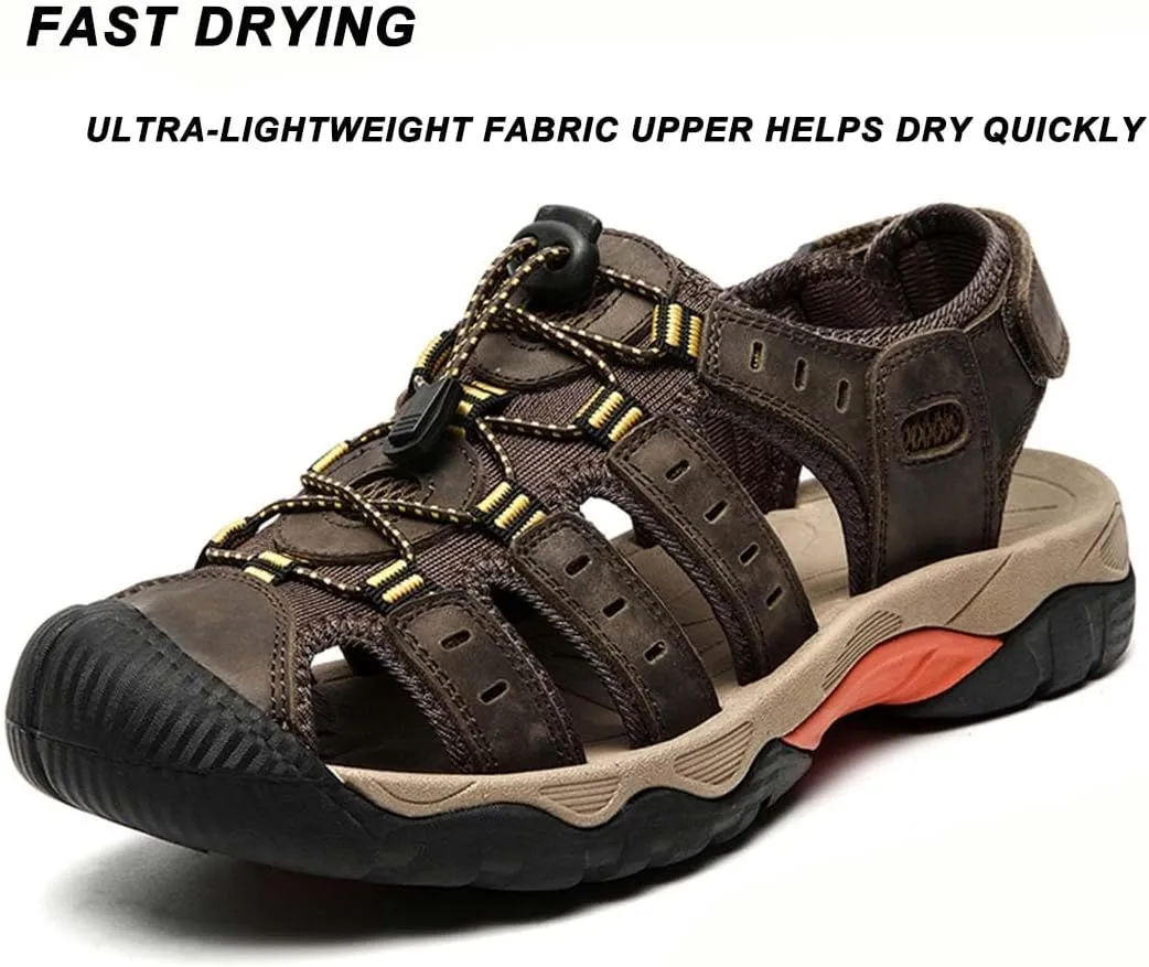 ailishabroy Mens Sandals Leather Hiking Slides Sport Slippers Fisherman Beach Shoes Closed Toe