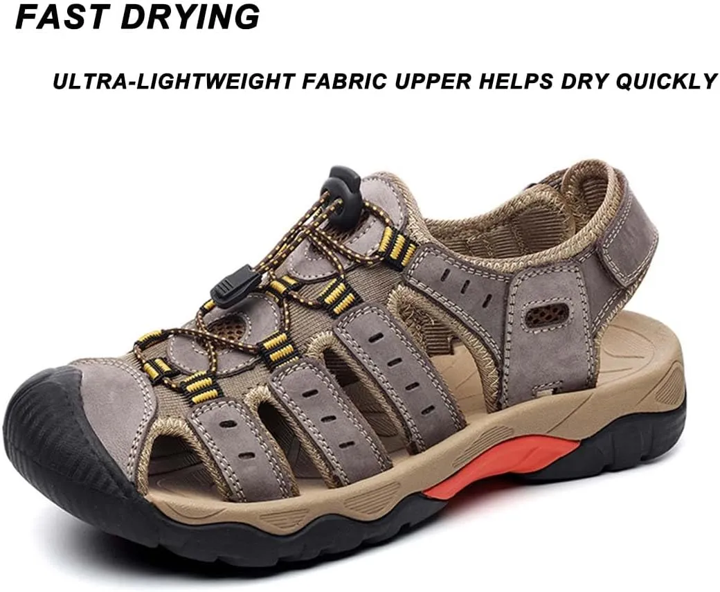 ailishabroy Mens Sandals Leather Hiking Slides Sport Slippers Fisherman Beach Shoes Closed Toe
