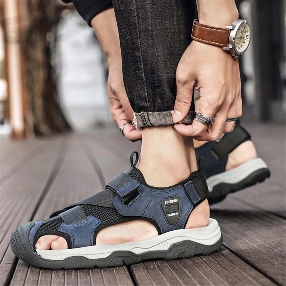ailishabroy Mens Sandals Leather Hiking Slides Sport Slippers Fisherman Beach Shoes Closed Toe