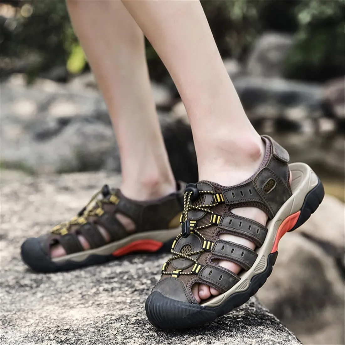 ailishabroy Mens Sandals Leather Hiking Slides Sport Slippers Fisherman Beach Shoes Closed Toe
