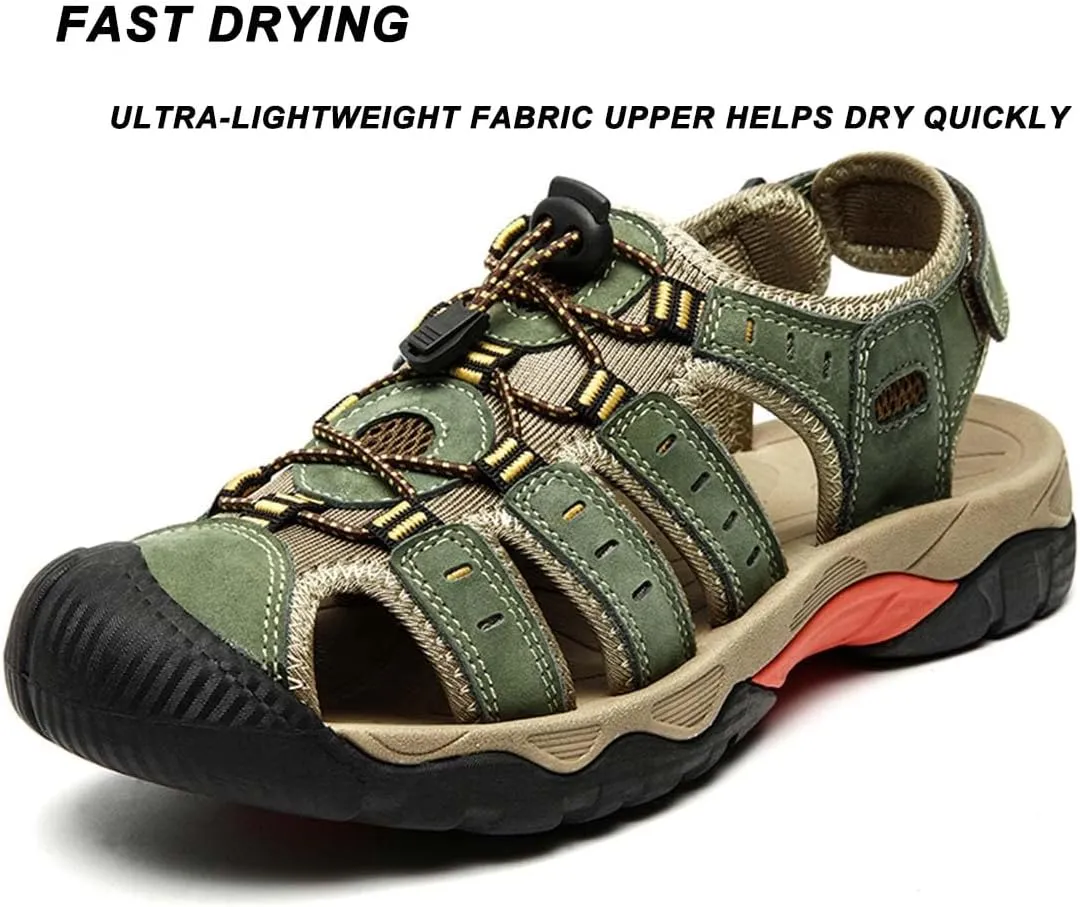 ailishabroy Mens Sandals Leather Hiking Slides Sport Slippers Fisherman Beach Shoes Closed Toe