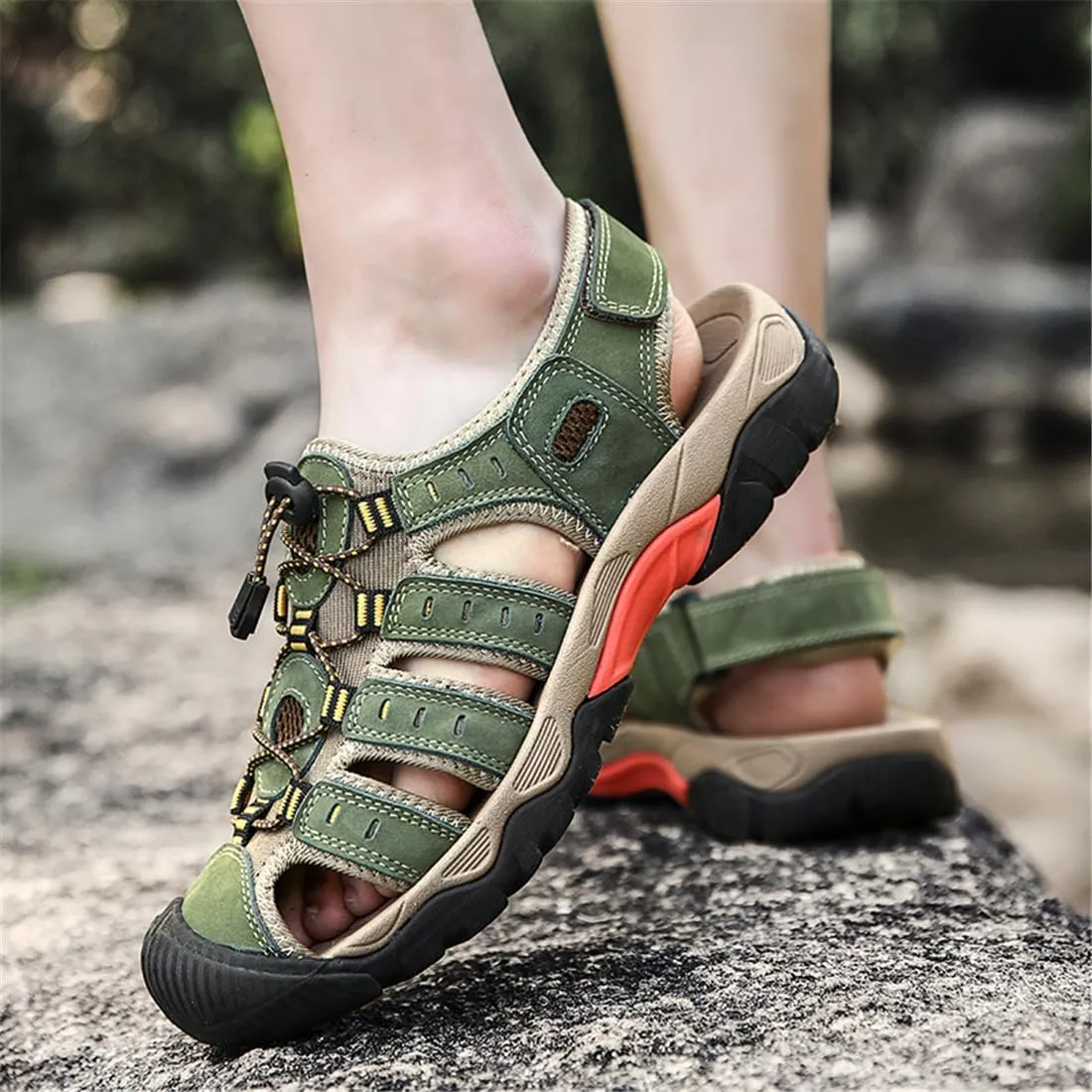 ailishabroy Mens Sandals Leather Hiking Slides Sport Slippers Fisherman Beach Shoes Closed Toe
