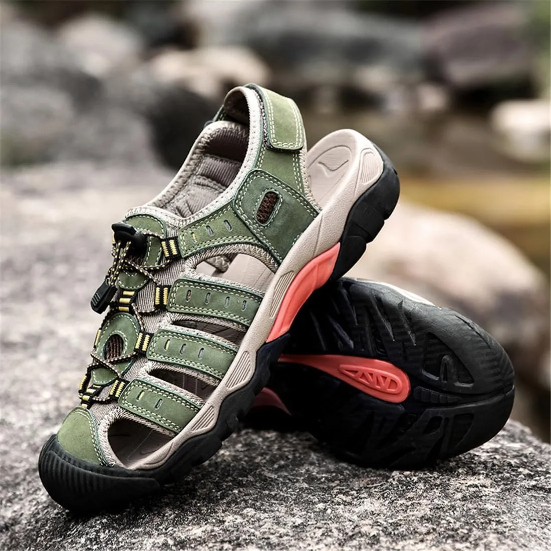 ailishabroy Mens Sandals Leather Hiking Slides Sport Slippers Fisherman Beach Shoes Closed Toe