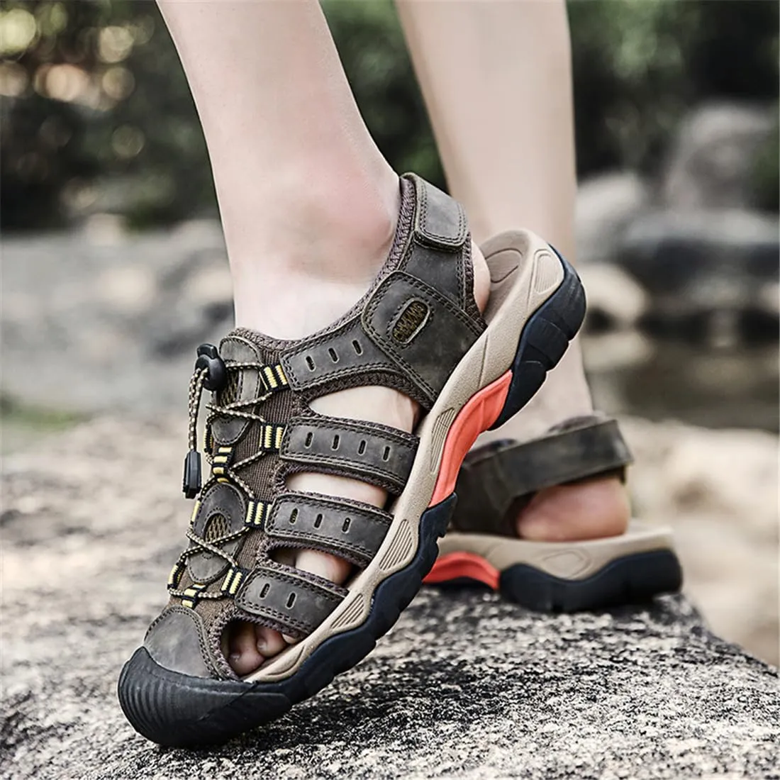 ailishabroy Mens Sandals Leather Hiking Slides Sport Slippers Fisherman Beach Shoes Closed Toe