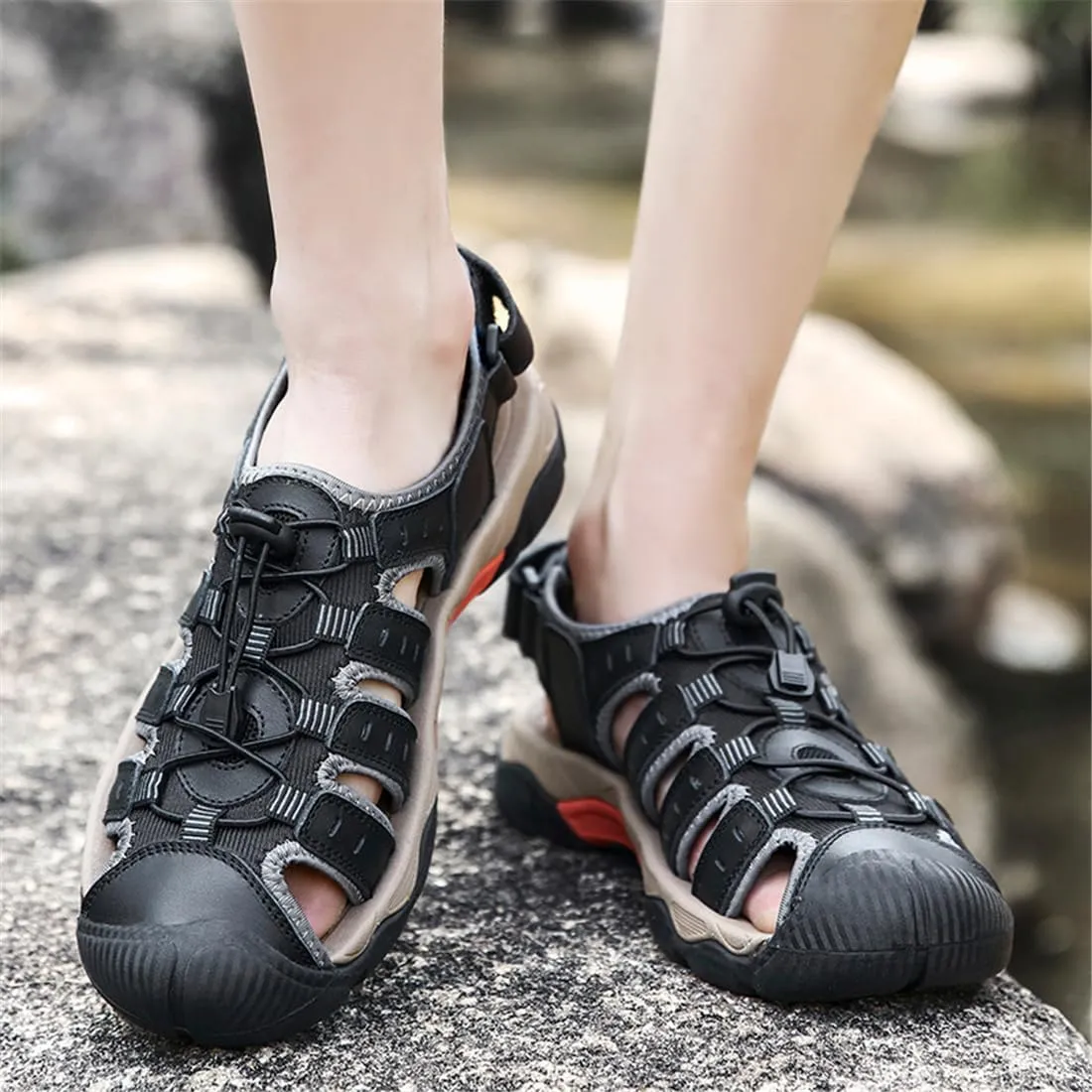 ailishabroy Mens Sandals Leather Hiking Slides Sport Slippers Fisherman Beach Shoes Closed Toe
