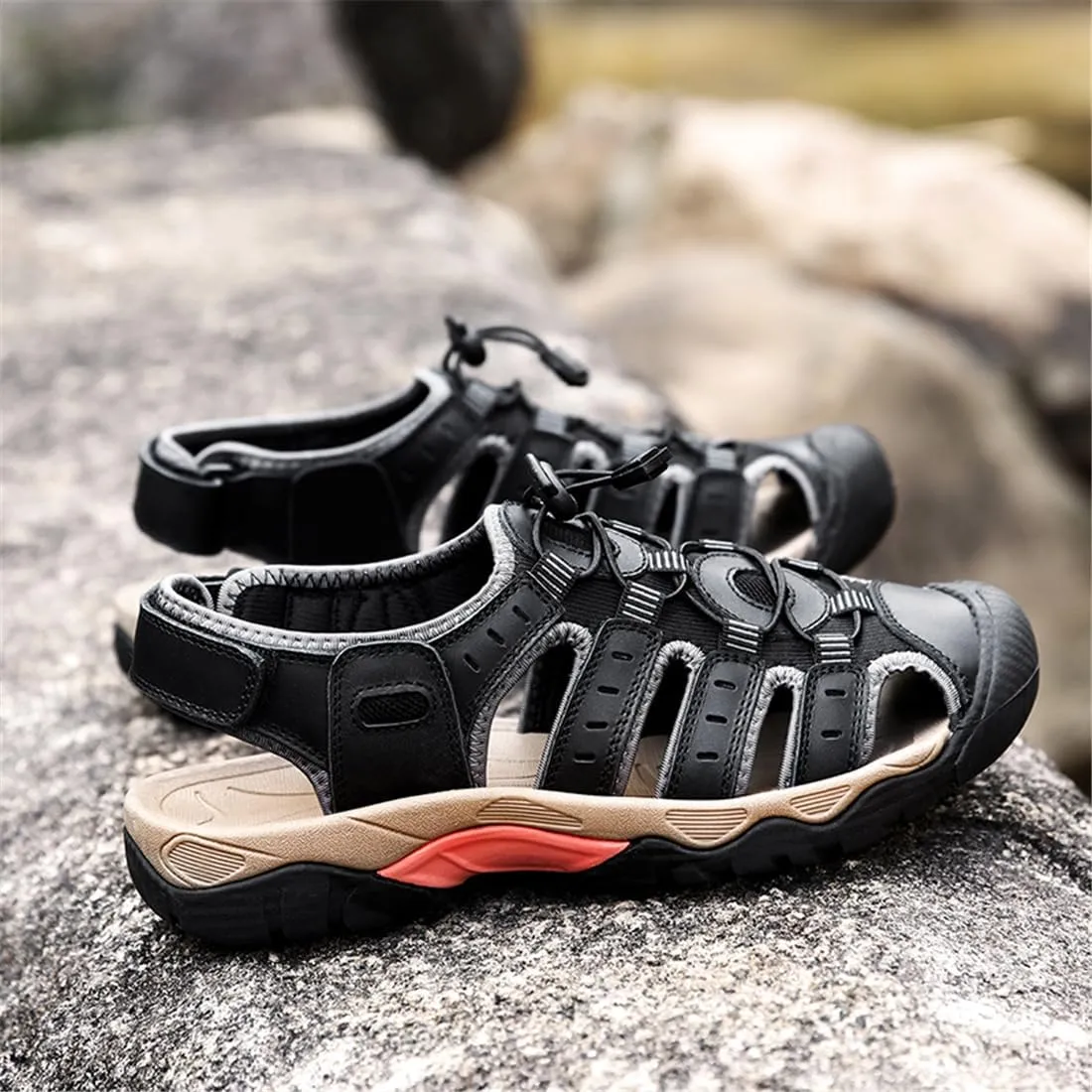 ailishabroy Mens Sandals Leather Hiking Slides Sport Slippers Fisherman Beach Shoes Closed Toe