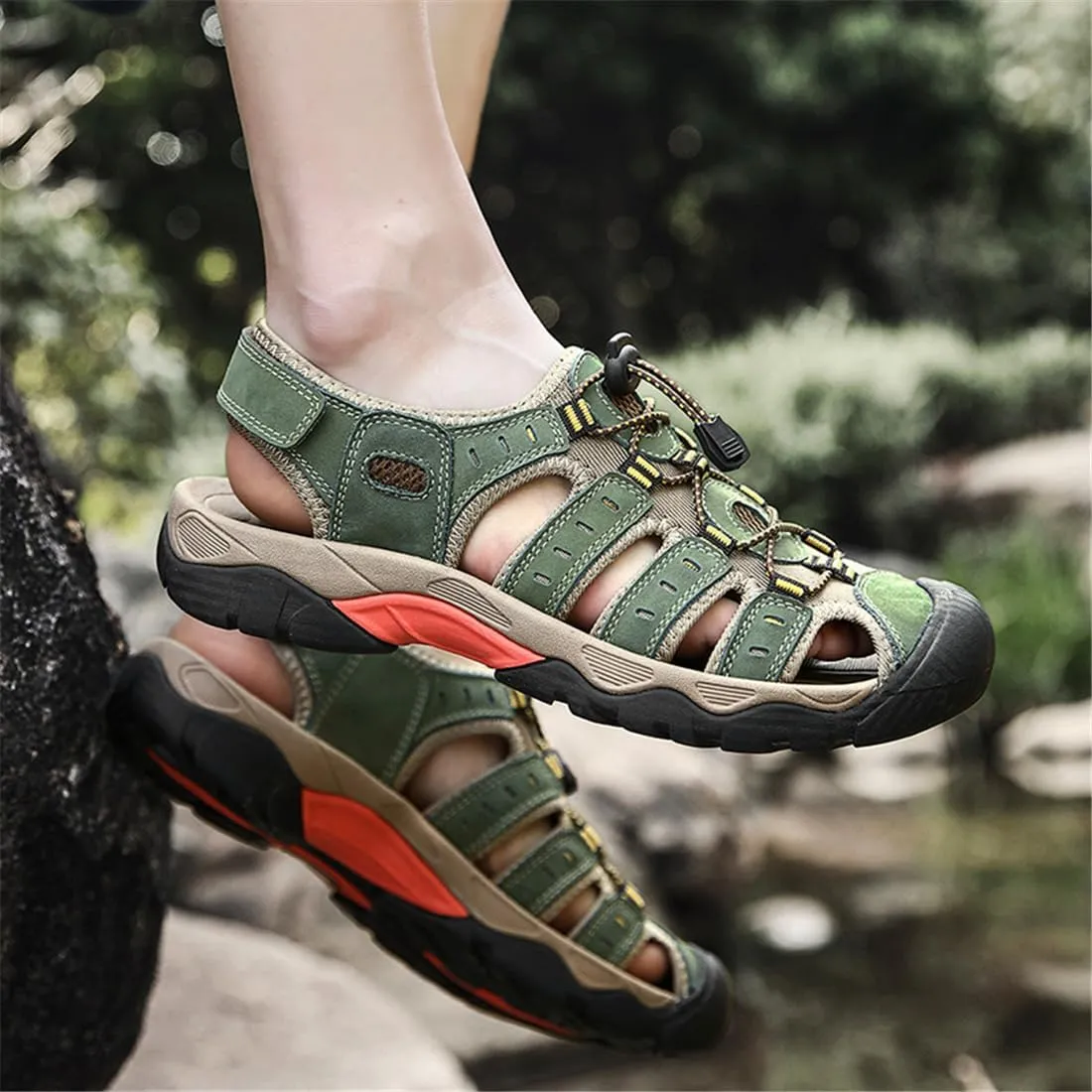 ailishabroy Mens Sandals Leather Hiking Slides Sport Slippers Fisherman Beach Shoes Closed Toe