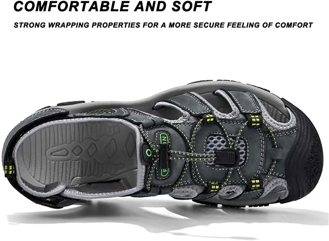 ailishabroy Mens Sandals Leather Hiking Slides Sport Slippers Fisherman Beach Shoes Closed Toe