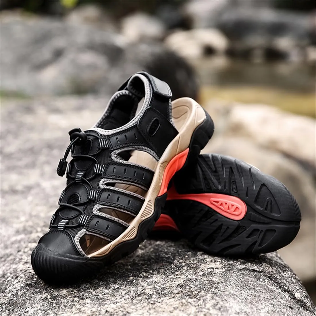 ailishabroy Mens Sandals Leather Hiking Slides Sport Slippers Fisherman Beach Shoes Closed Toe