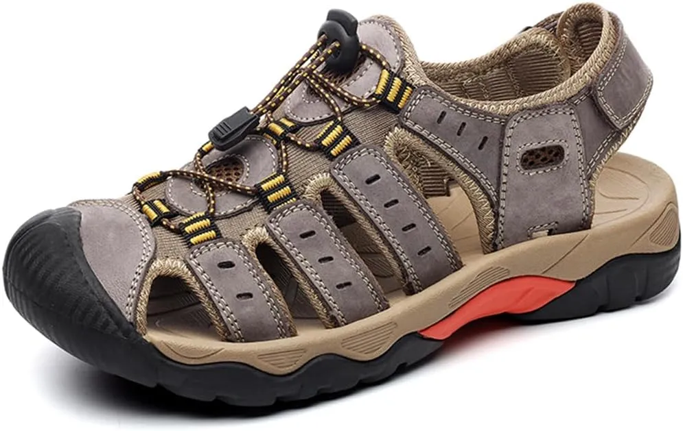 ailishabroy Mens Sandals Leather Hiking Slides Sport Slippers Fisherman Beach Shoes Closed Toe
