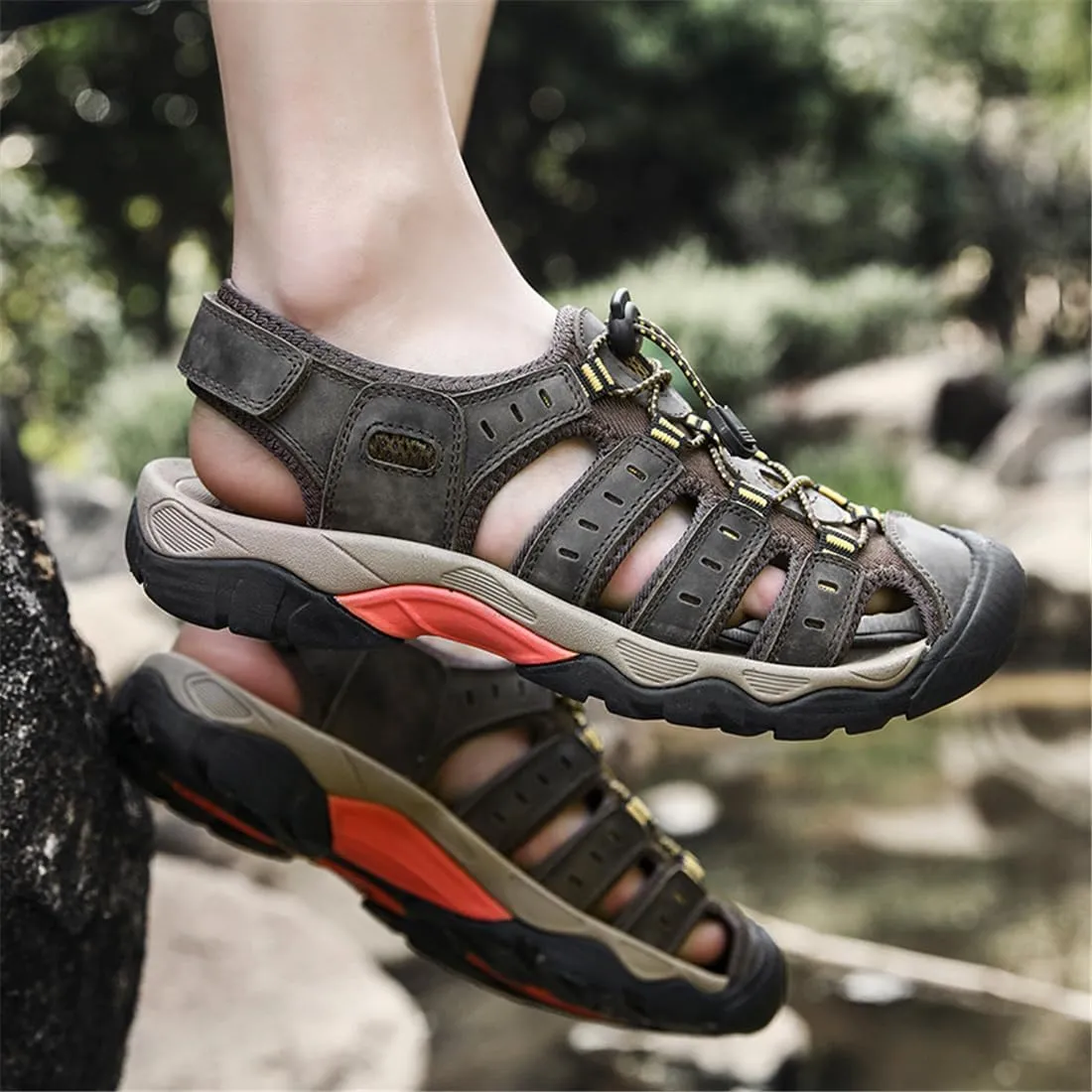 ailishabroy Mens Sandals Leather Hiking Slides Sport Slippers Fisherman Beach Shoes Closed Toe