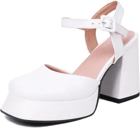 AIMODOR Women's Mary Janes Pumps Platform Chunky Heels Patent Leather Closed Toe Heels Ankle Strap Dress Pumps Slingback Adjustable Buckle Sandals
