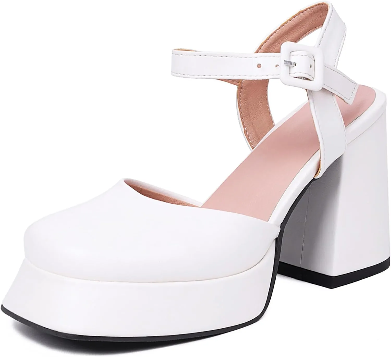 AIMODOR Women's Mary Janes Pumps Platform Chunky Heels Patent Leather Closed Toe Heels Ankle Strap Dress Pumps Slingback Adjustable Buckle Sandals