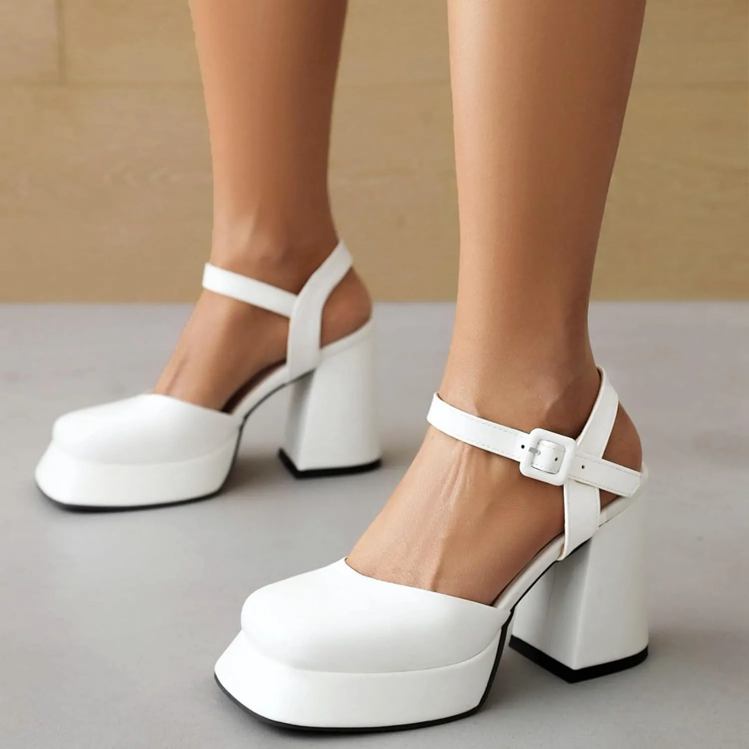 AIMODOR Women's Mary Janes Pumps Platform Chunky Heels Patent Leather Closed Toe Heels Ankle Strap Dress Pumps Slingback Adjustable Buckle Sandals