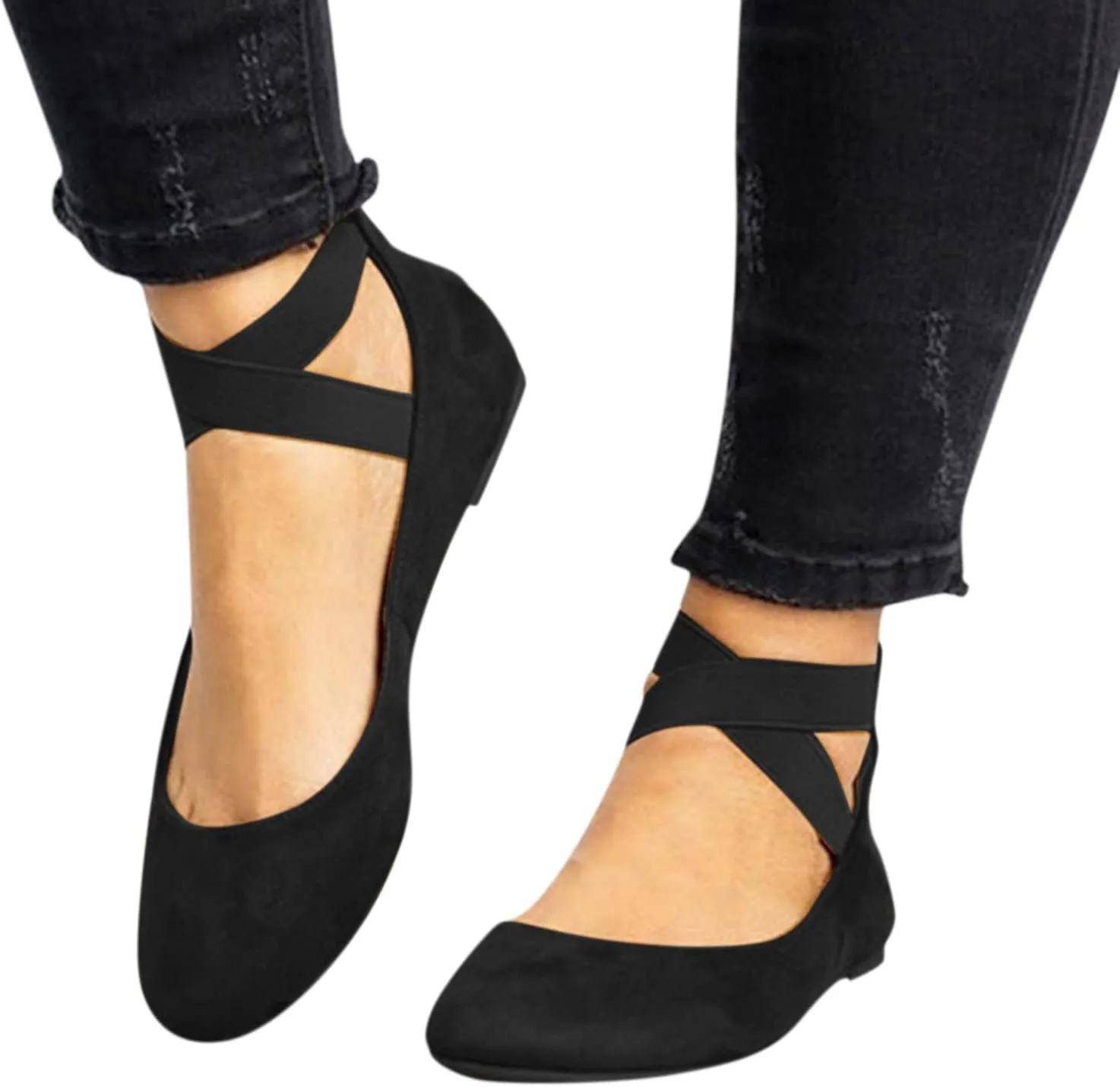 AMDBEL Flats Shoes Women Dressy Comfortable Women's Ballet Flats Slip-On Square Toe Dress Shoes with Elastic Ankle Straps
