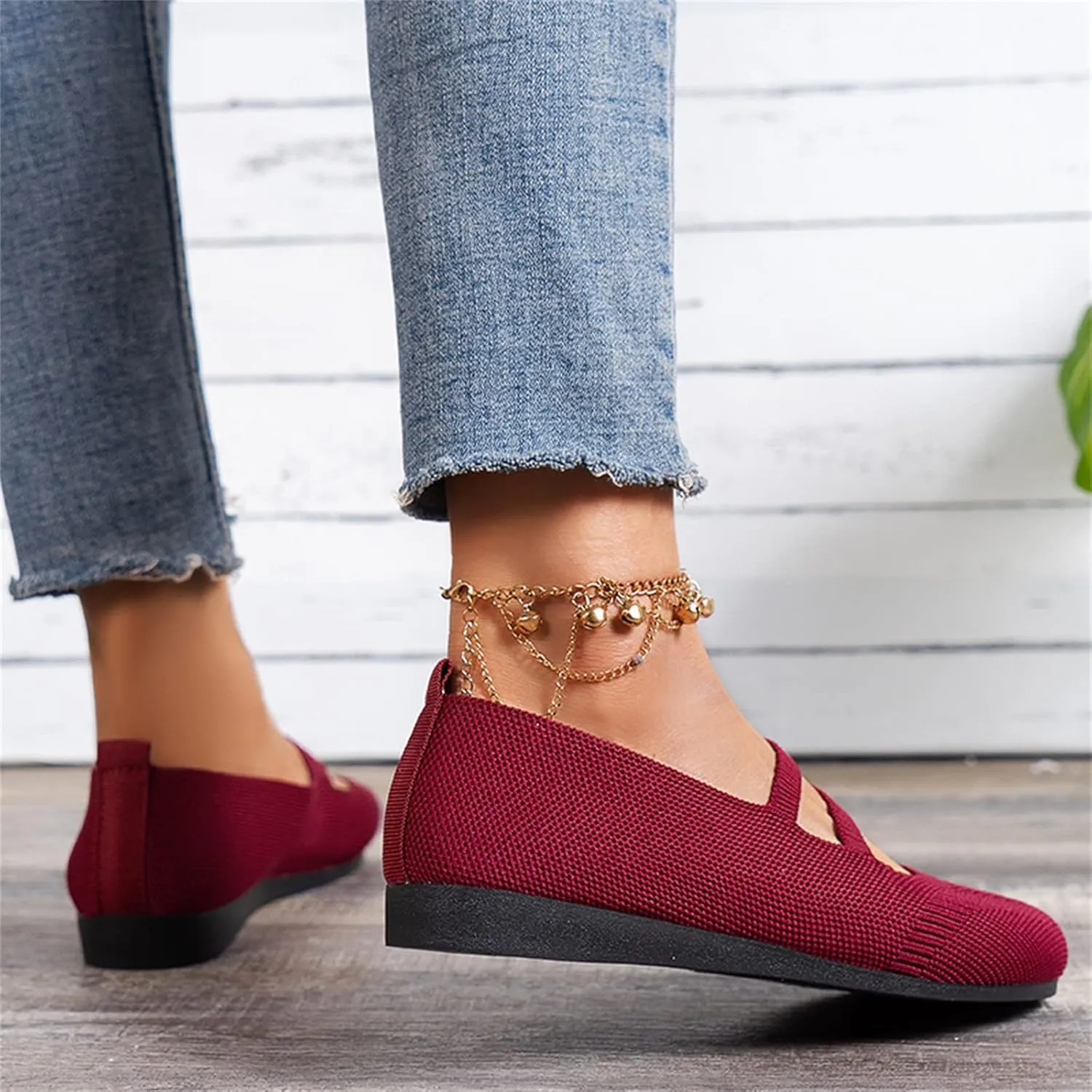 AMDBEL Flats Shoes Women Dressy Comfortable Women's Ballet Flats Slip-On Square Toe Dress Shoes with Elastic Ankle Straps
