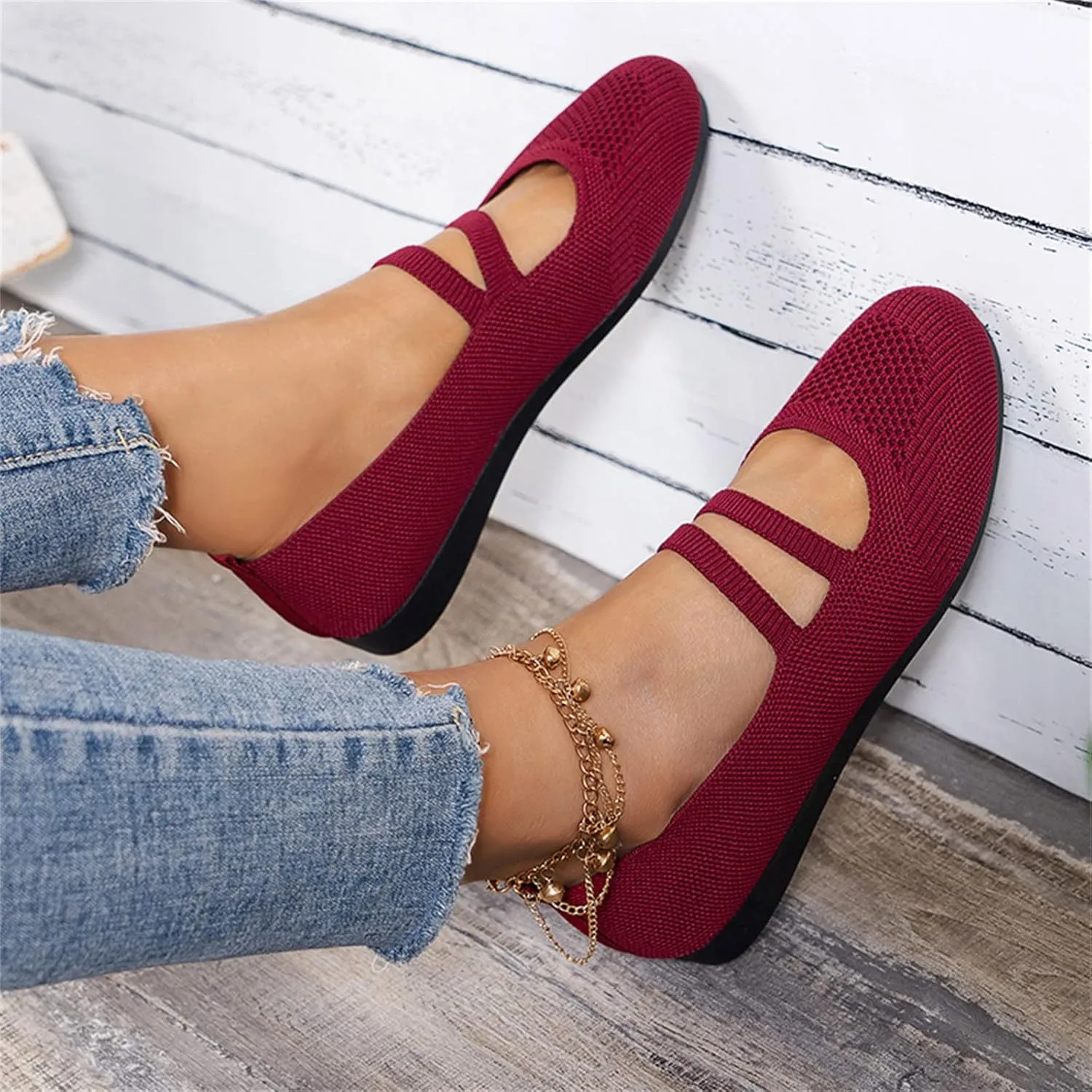AMDBEL Flats Shoes Women Dressy Comfortable Women's Ballet Flats Slip-On Square Toe Dress Shoes with Elastic Ankle Straps