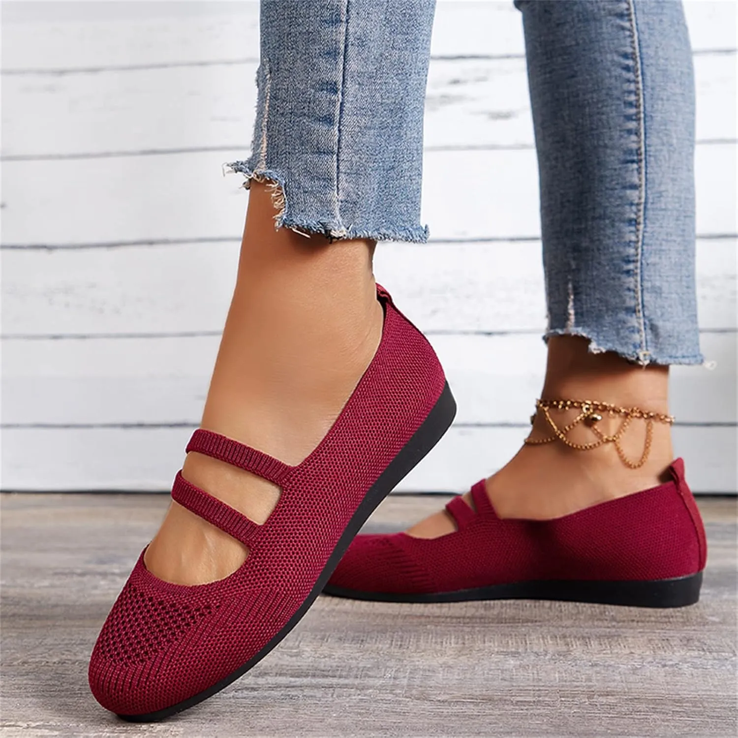 AMDBEL Flats Shoes Women Dressy Comfortable Women's Ballet Flats Slip-On Square Toe Dress Shoes with Elastic Ankle Straps