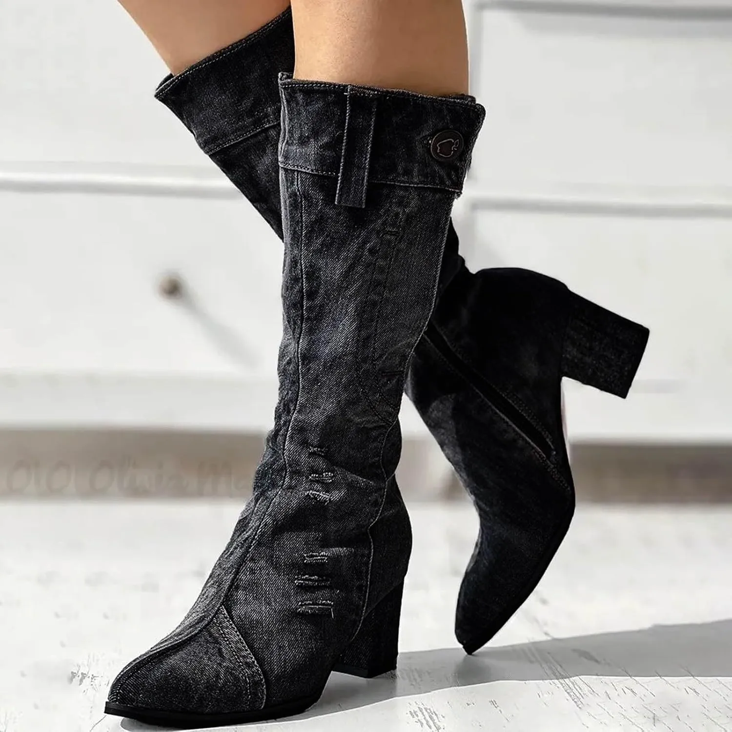 AMDBEL Mid Calf Boots for Women Chunky High Heel Fall Boots for Women 2024 Point Toe Dressy Knee High Boots Winter Shoes