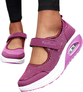 AMDBEL Slip On Loafers for Women Fashion Knitted Mesh Hollow Out Chunky Bottom Breathable Dressy Mary Jane Shoes Platform Wedge Sneakers Comfort Flats Dress Shoes for Walking Casual Wear Hot Pink