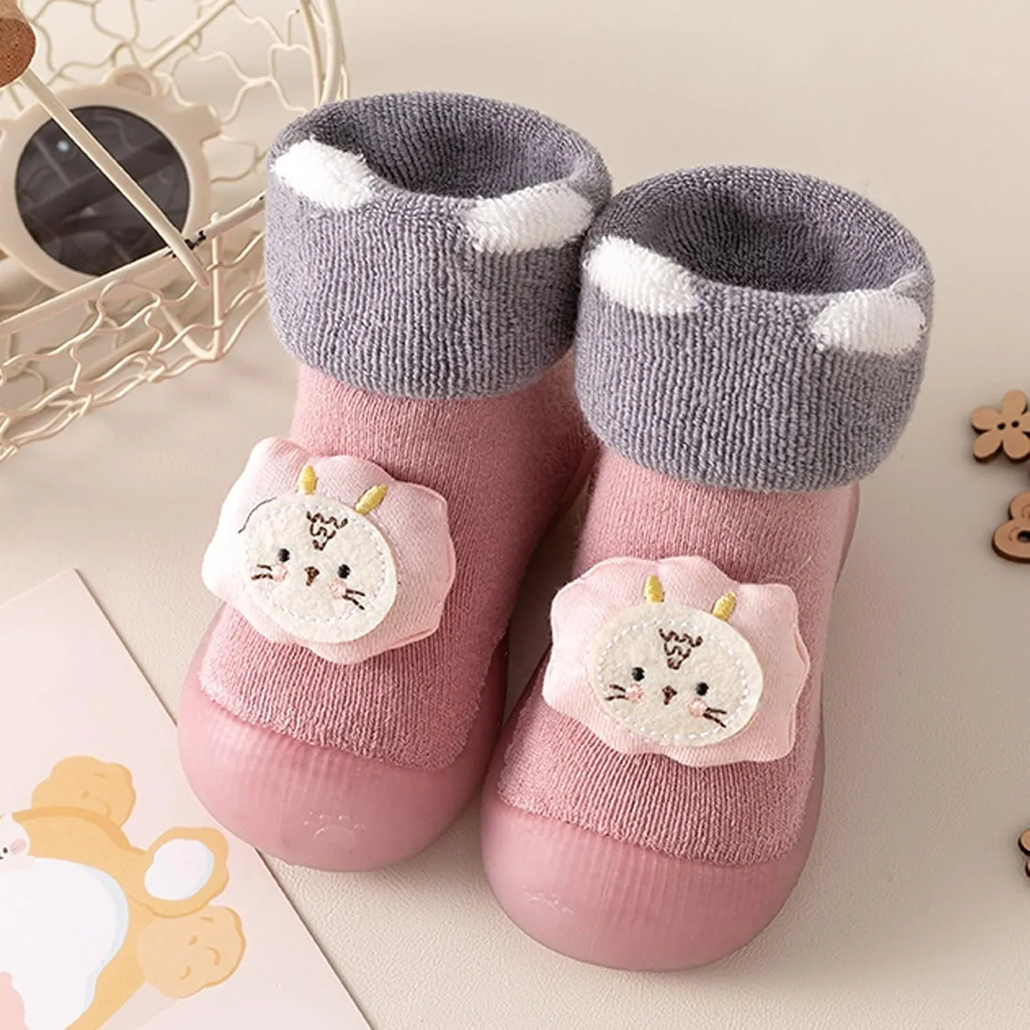 Baby Shoes Baby Sock Shoes Cute Animal Embroidery Slippers with Soft Rubber Sole Baby Boys Girls Slip On Sneakers