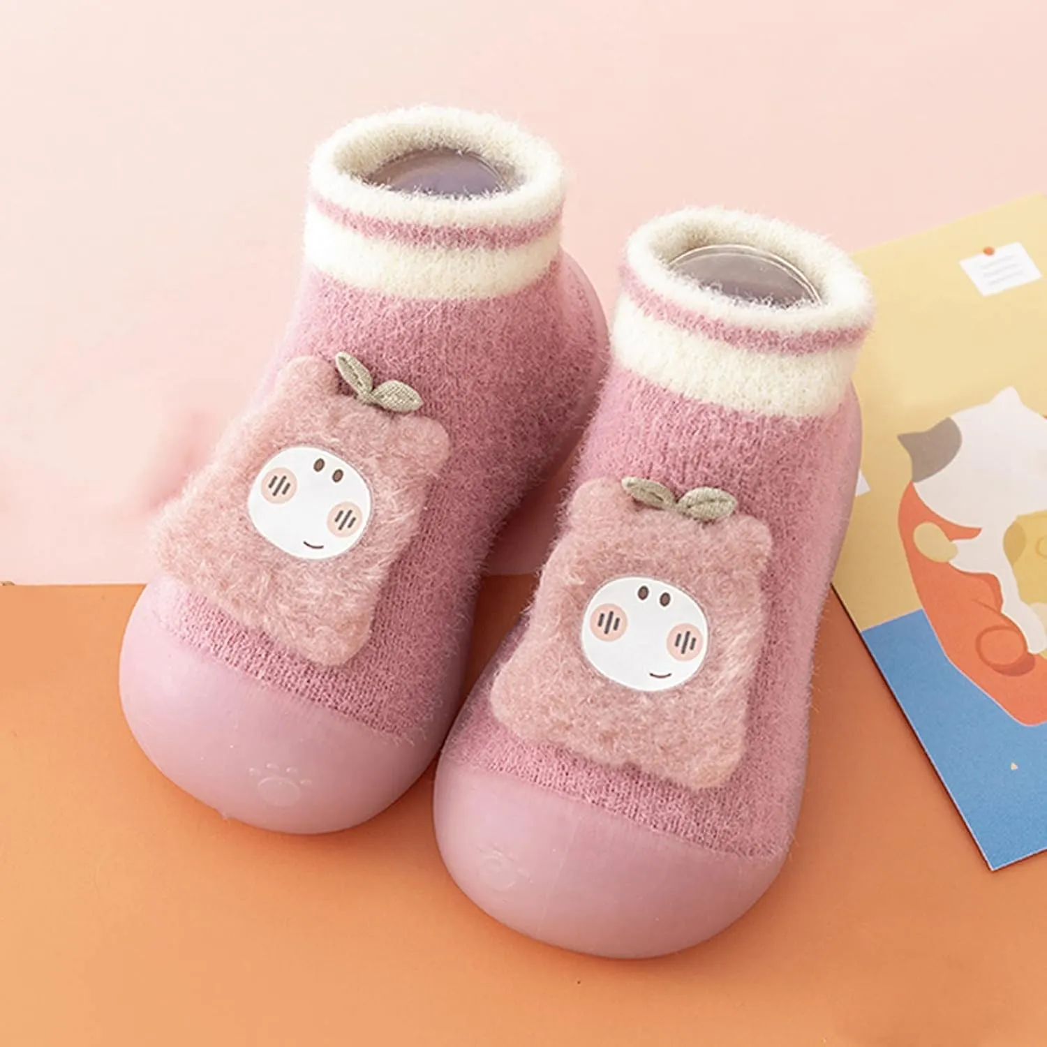 Baby Shoes Baby Sock Shoes Cute Fleece Slippers with Soft Rubber Sole Baby Boys Girls Slip On Sneakers