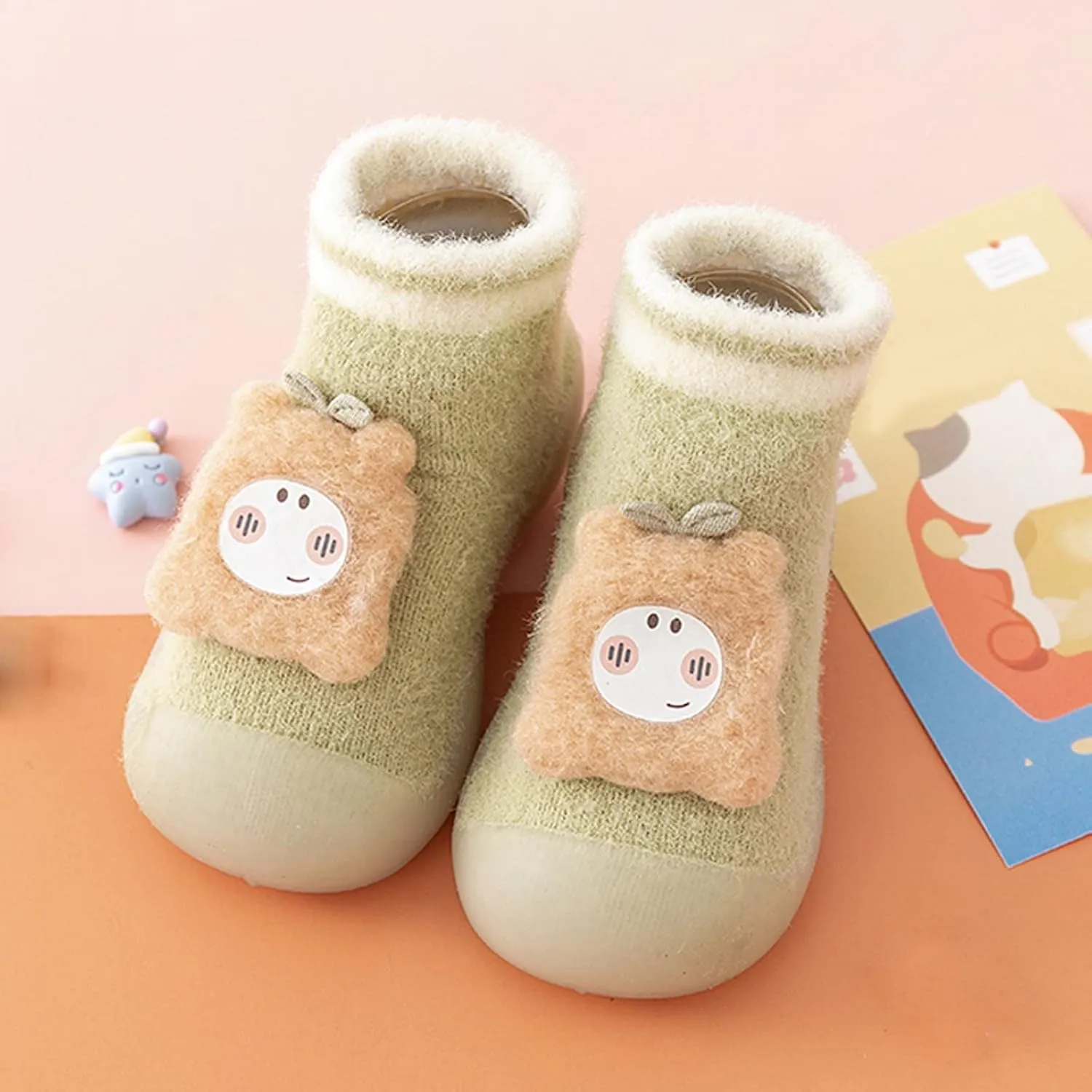 Baby Shoes Baby Sock Shoes Cute Fleece Slippers with Soft Rubber Sole Baby Boys Girls Slip On Sneakers