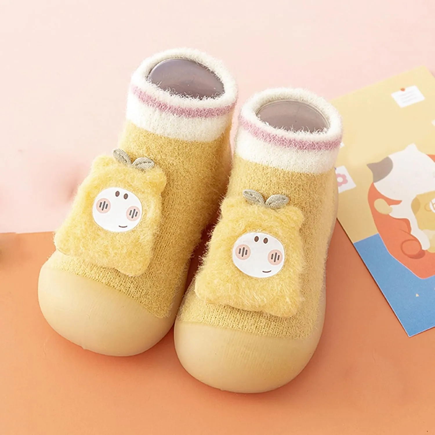 Baby Shoes Baby Sock Shoes Cute Fleece Slippers with Soft Rubber Sole Baby Boys Girls Slip On Sneakers