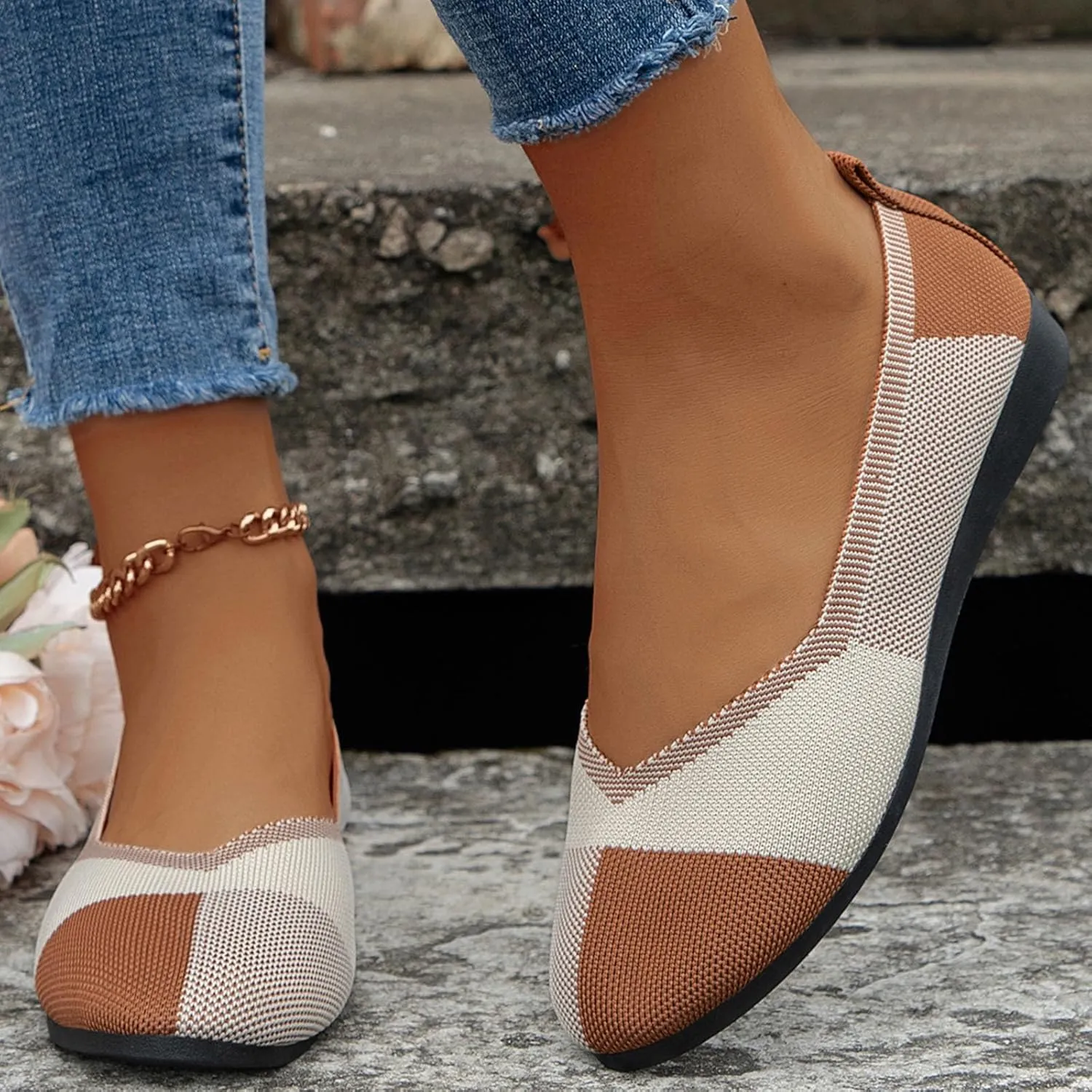 Ballet Flats Shoes for Women Ladies Hollow Breathable Colorblocking Pointed Head Mesh Shallow Mouth Flat Bottom Casual