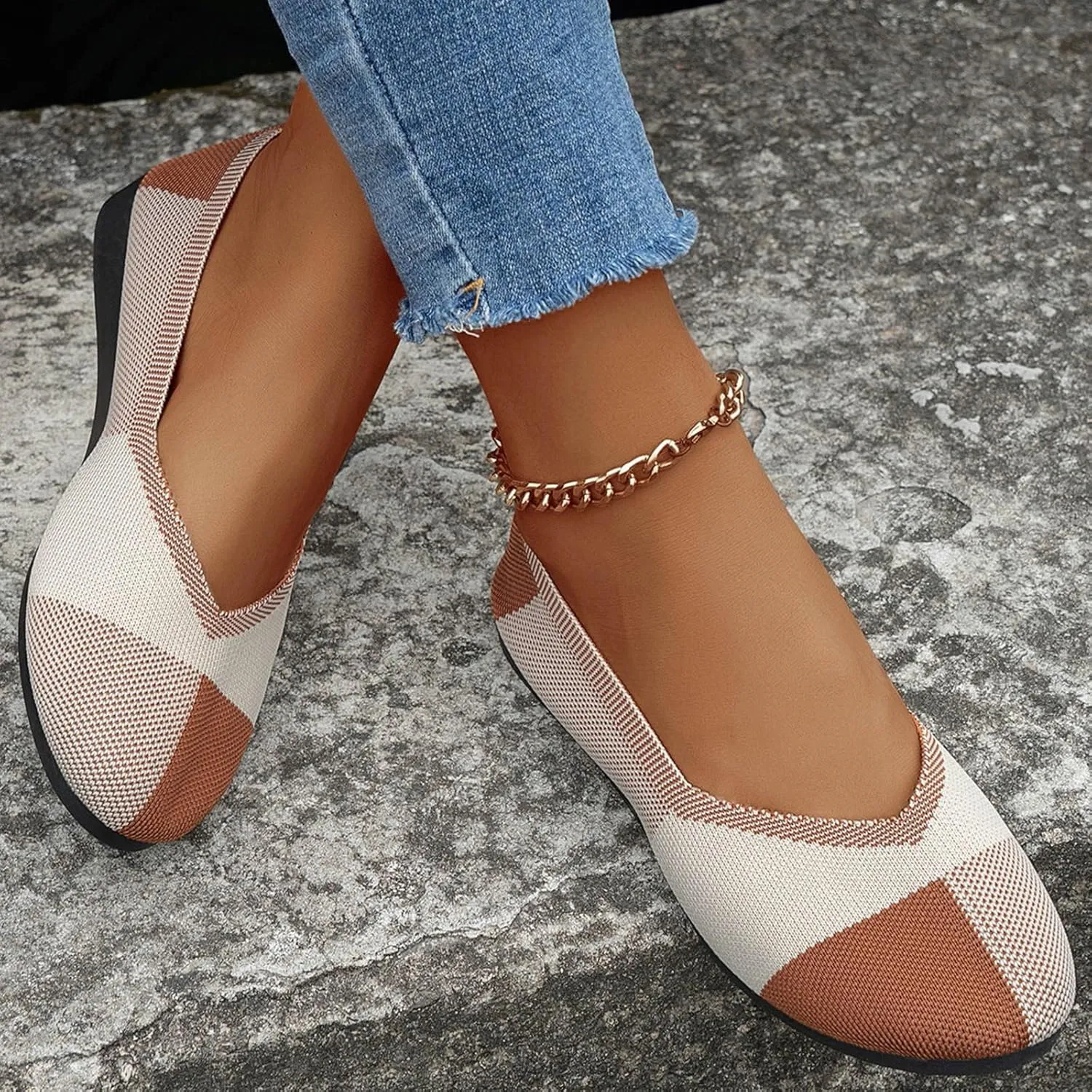 Ballet Flats Shoes for Women Ladies Hollow Breathable Colorblocking Pointed Head Mesh Shallow Mouth Flat Bottom Casual
