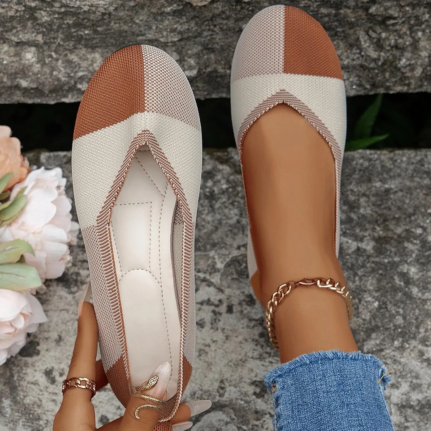 Ballet Flats Shoes for Women Ladies Hollow Breathable Colorblocking Pointed Head Mesh Shallow Mouth Flat Bottom Casual