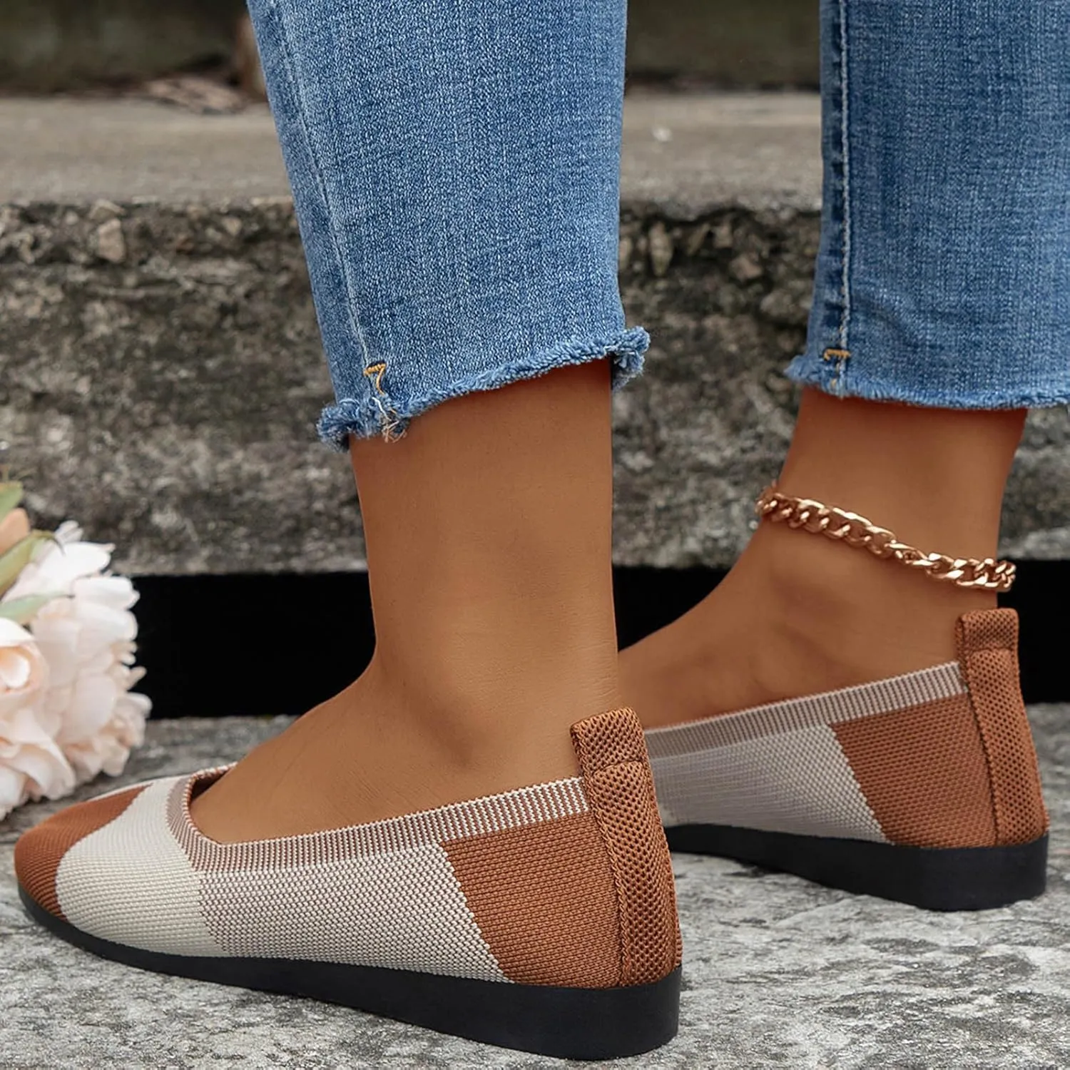 Ballet Flats Shoes for Women Ladies Hollow Breathable Colorblocking Pointed Head Mesh Shallow Mouth Flat Bottom Casual
