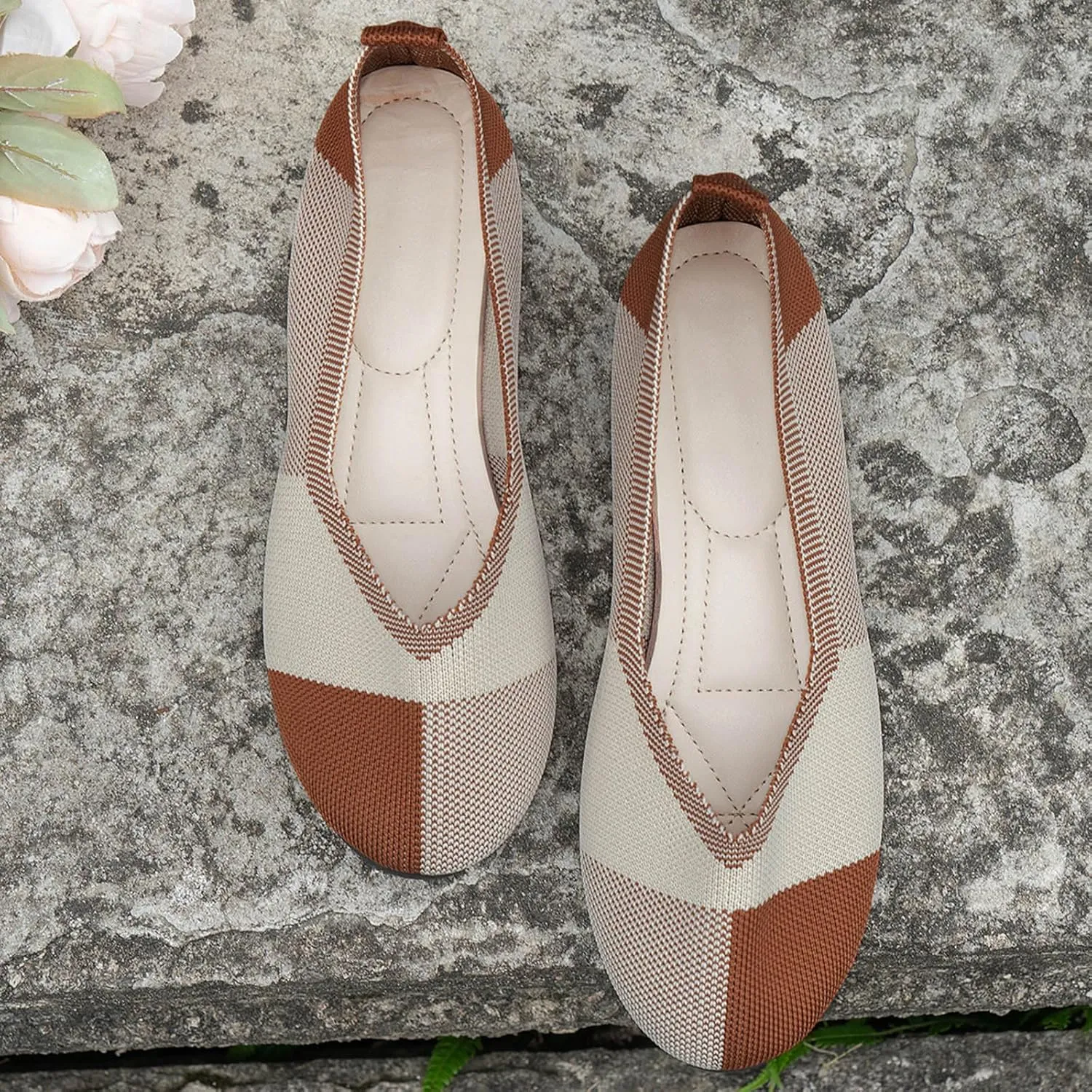 Ballet Flats Shoes for Women Ladies Hollow Breathable Colorblocking Pointed Head Mesh Shallow Mouth Flat Bottom Casual