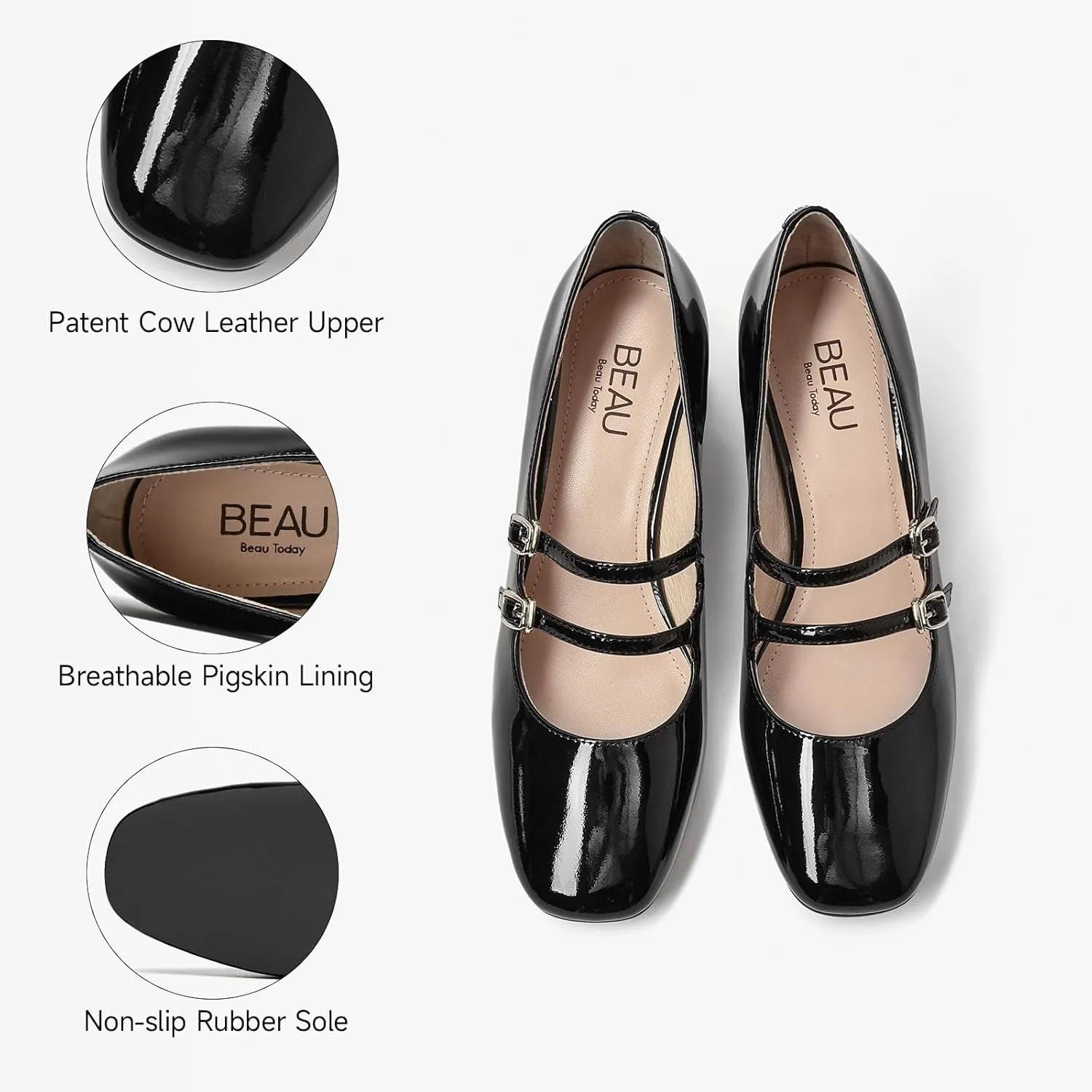 BEAU TODAY Mary Jane Pumps for Women, Womens Chunky Heels Mary Janes Shoes, Patent Leather Pumps Platform Closed Square Toe Comfortable Buckle Strap Dress Shoes for Women