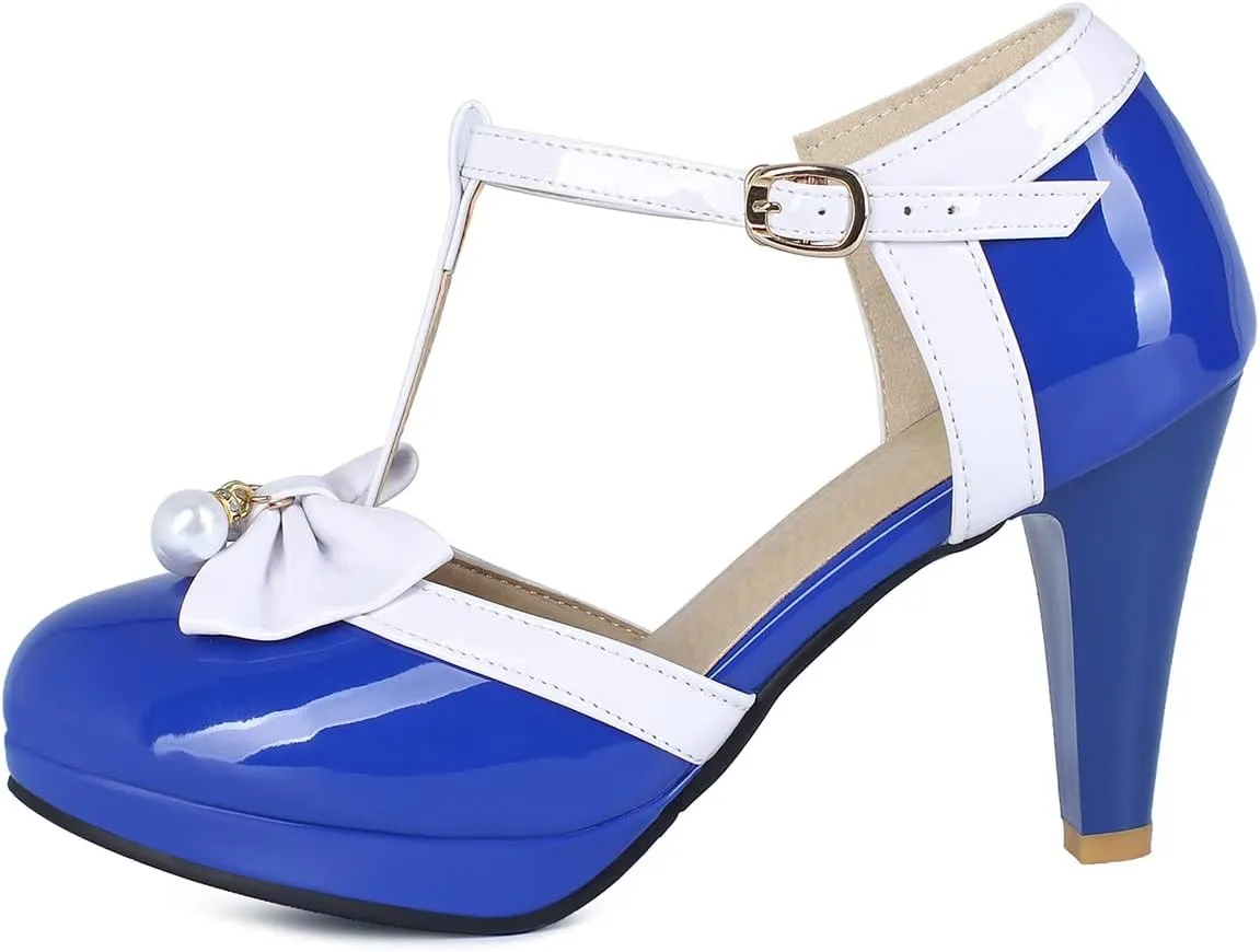 Betastella Women's T-Strap Platform Mary Janes Block Heel Patent Leather Sweet Pumps