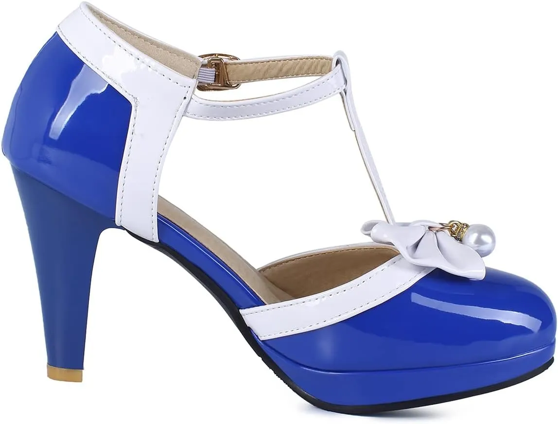 Betastella Women's T-Strap Platform Mary Janes Block Heel Patent Leather Sweet Pumps