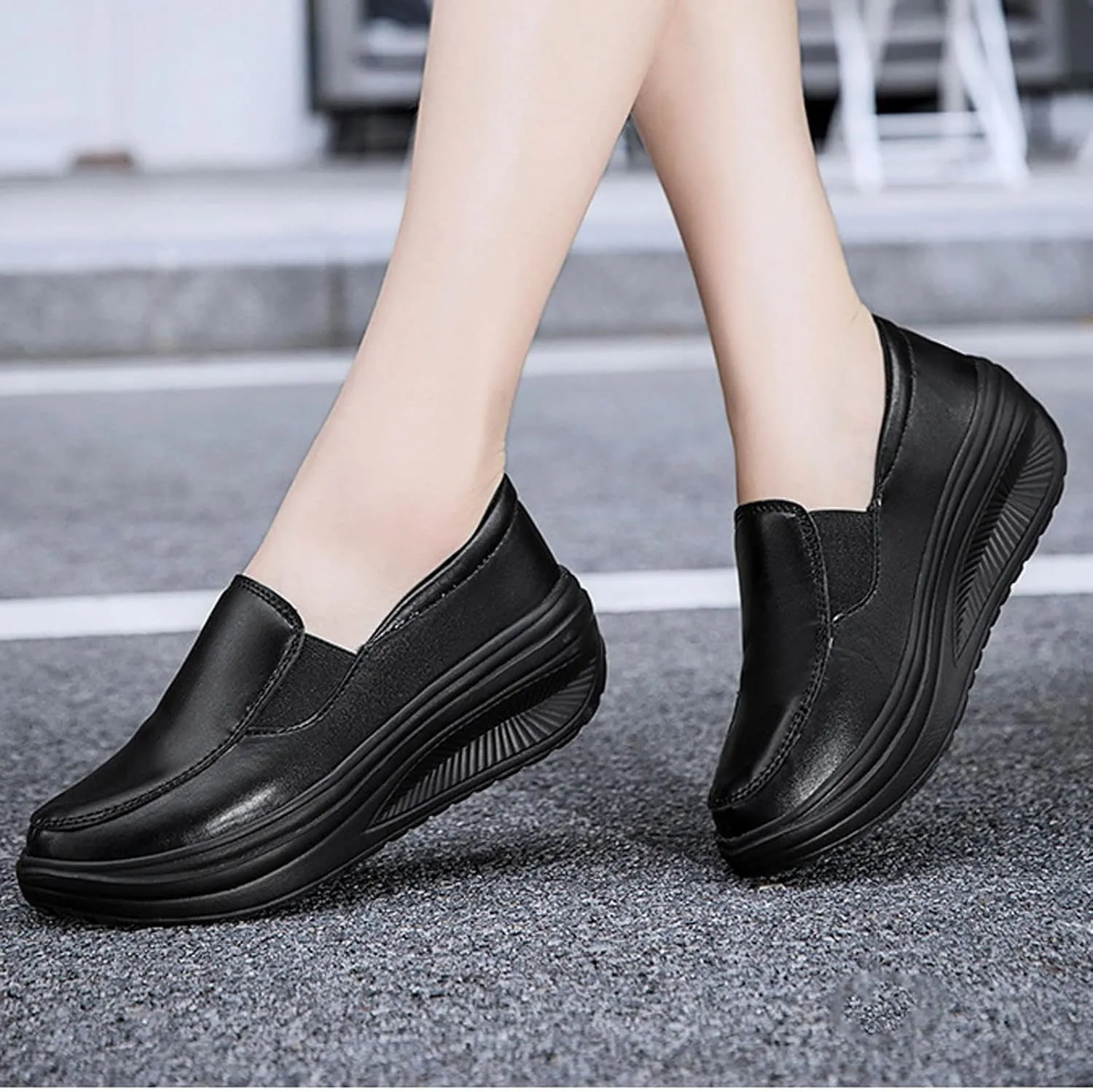 Black Platform Sneakers for Women Casual Slip on Arch Support Hiking Shoes Healthcare Work Leather Nurse Shoe Footwear