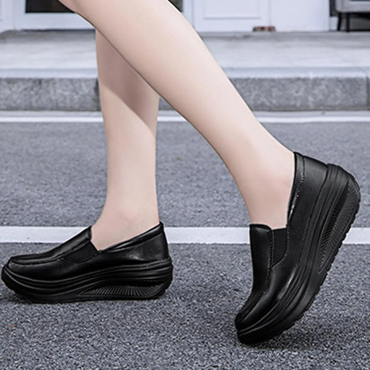 Black Platform Sneakers for Women Casual Slip on Arch Support Hiking Shoes Healthcare Work Leather Nurse Shoe Footwear