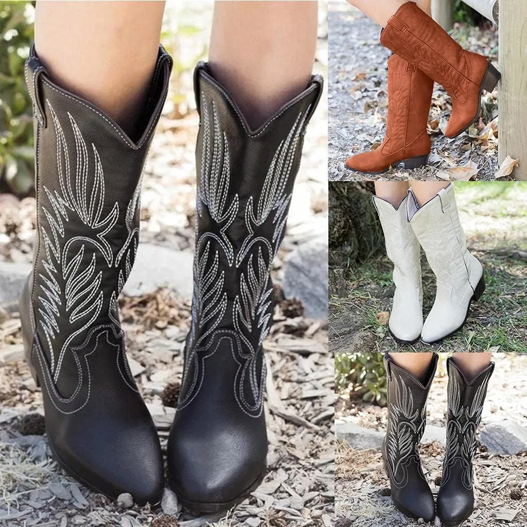 Boots for Women Cowgirl Boots Wide Calf Round Toe Vintage Embroidered Pull On Cowgirl Boots Shoes